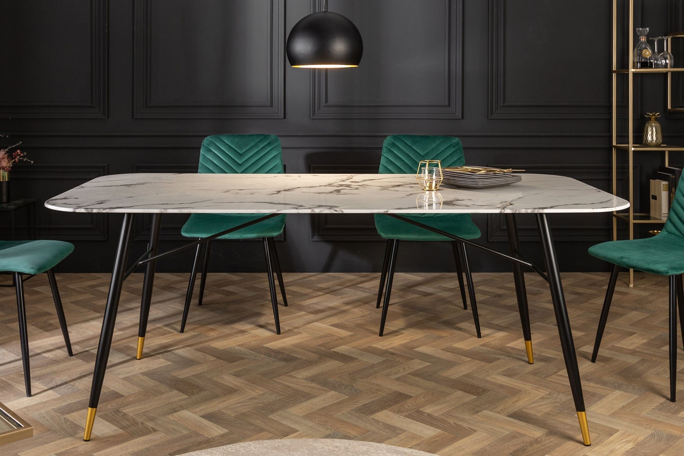 Esstisch Hartglas Metall in Weiß Schwarz Gold 180x90 cm