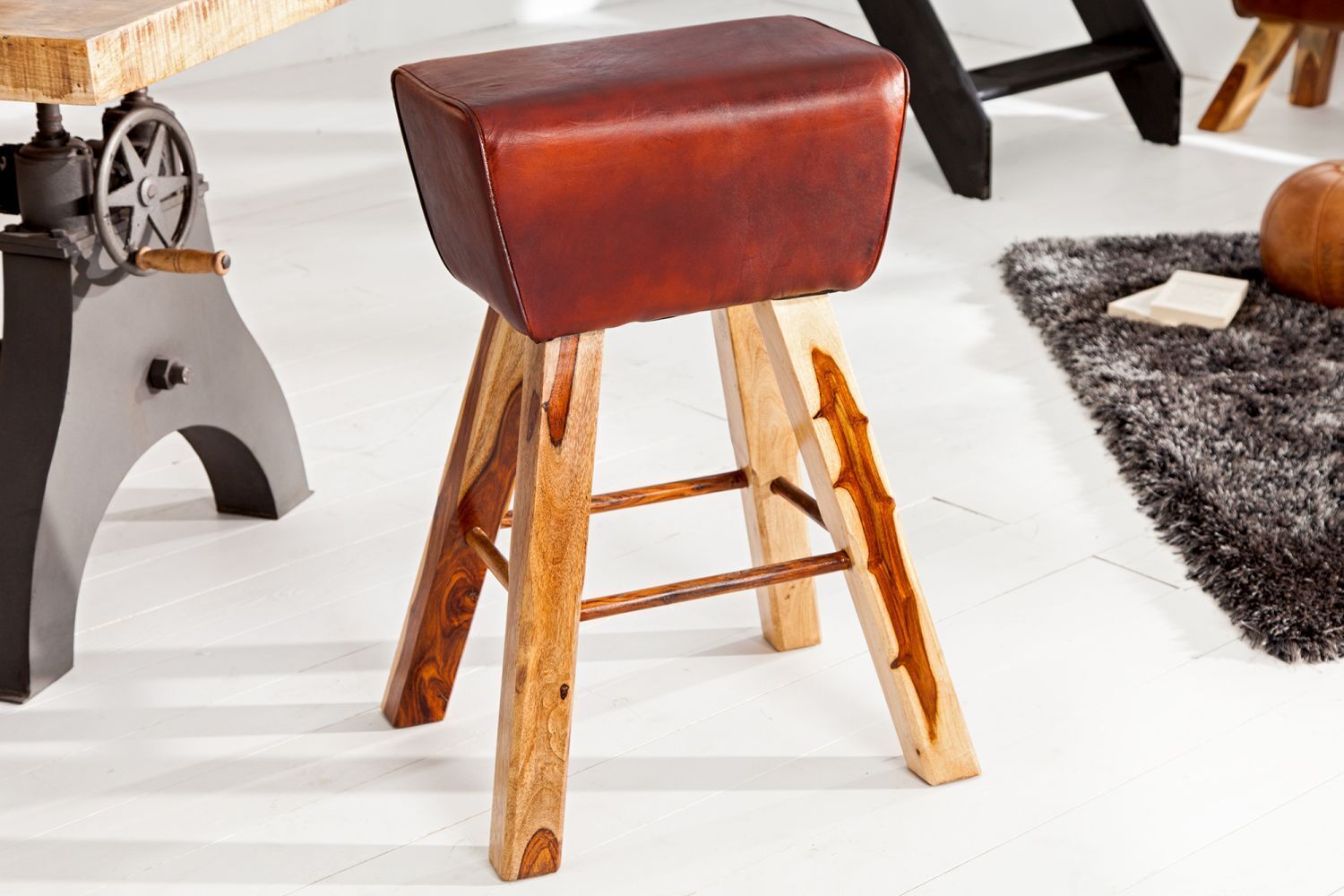Barhocker Echtleder Massivholz 40 cm in Kaffeebraun Natur