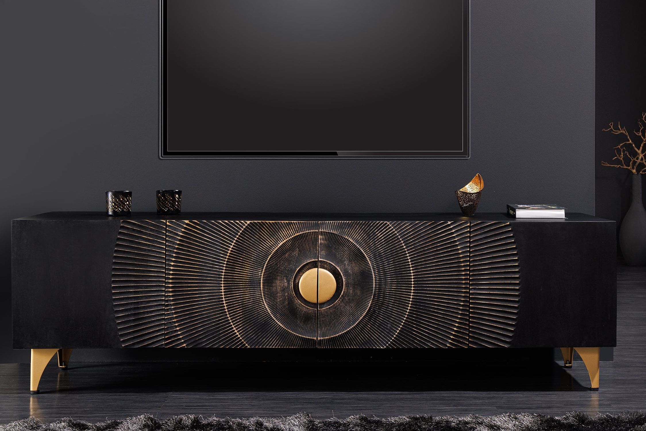 TV Board 180 cm breit Schwarz Gold Handarbeit Holz Metall