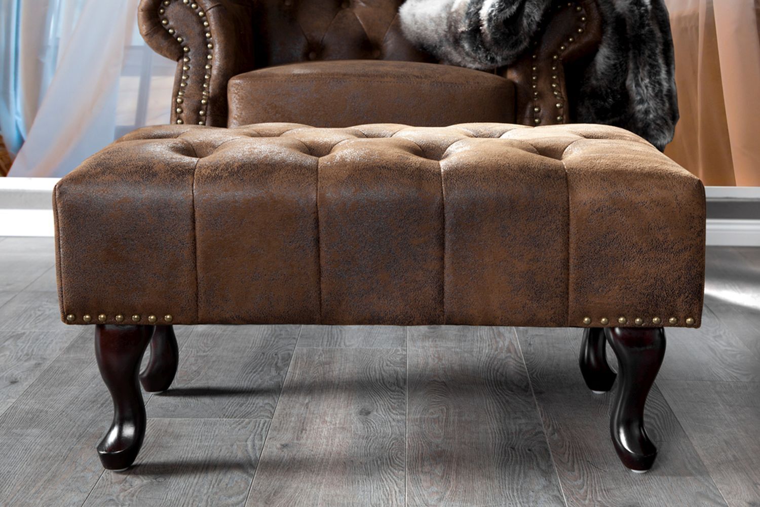 Hocker Microfaser Holz 80x110 cm in Antik Braun
