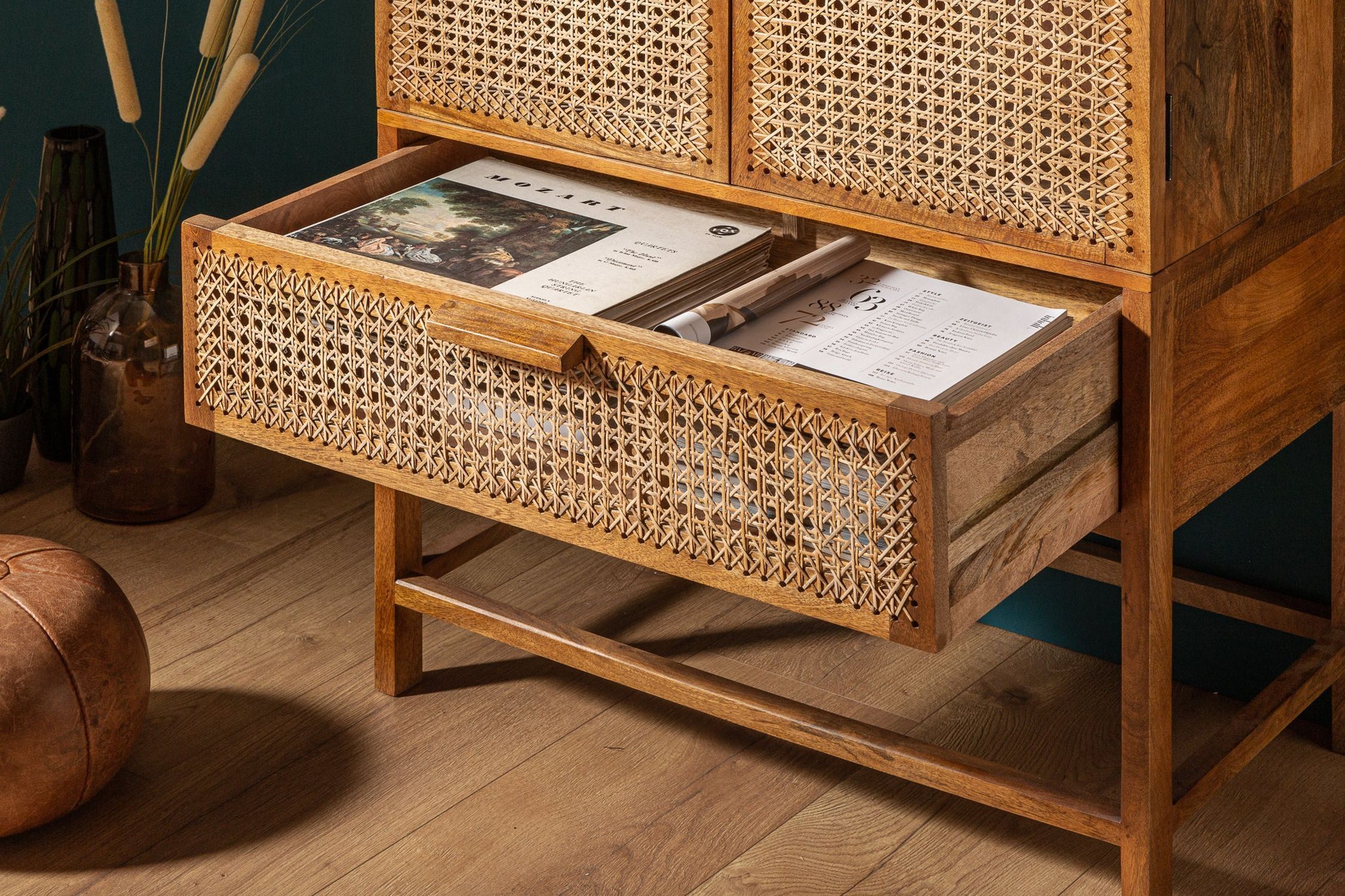 Highboard Bambus Mangoholz H: 140 cm Wiener Geflecht Boho