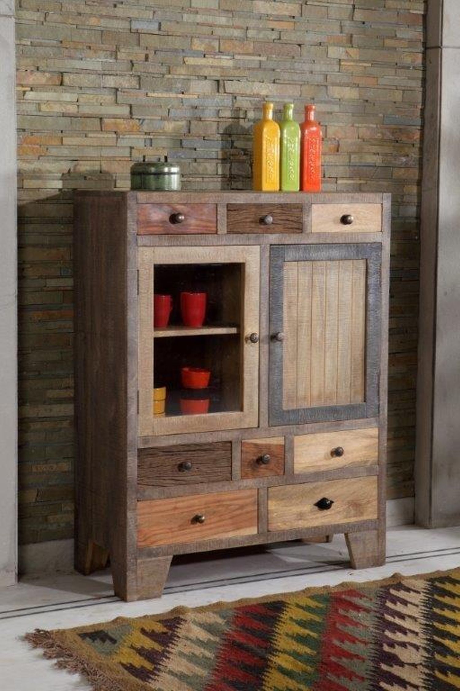 Sideboard Holz Glas 118 cm hoch Grau Natur Schwarz