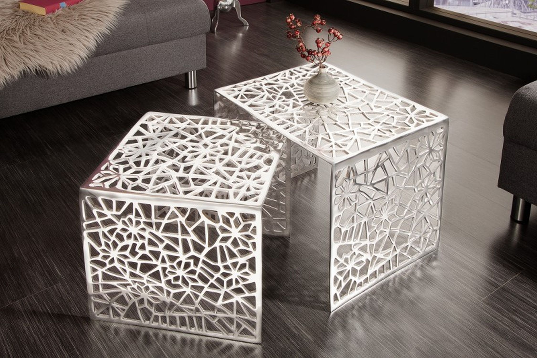 Couchtisch Metall 2er Set in Silber Handarbeit