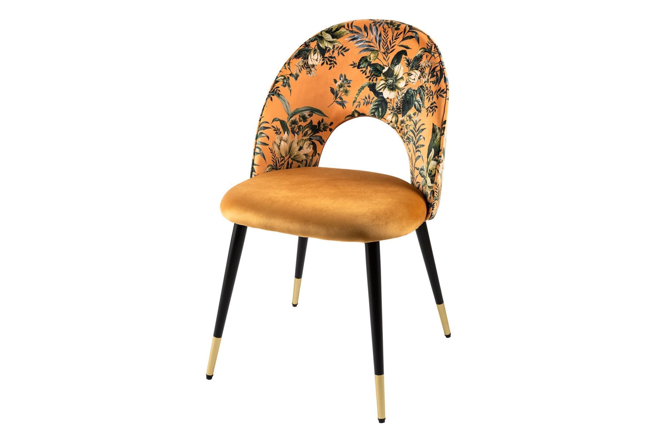 Esstischstuhl Gelb Schwarz florales Motiv ohne Armlehne Samt