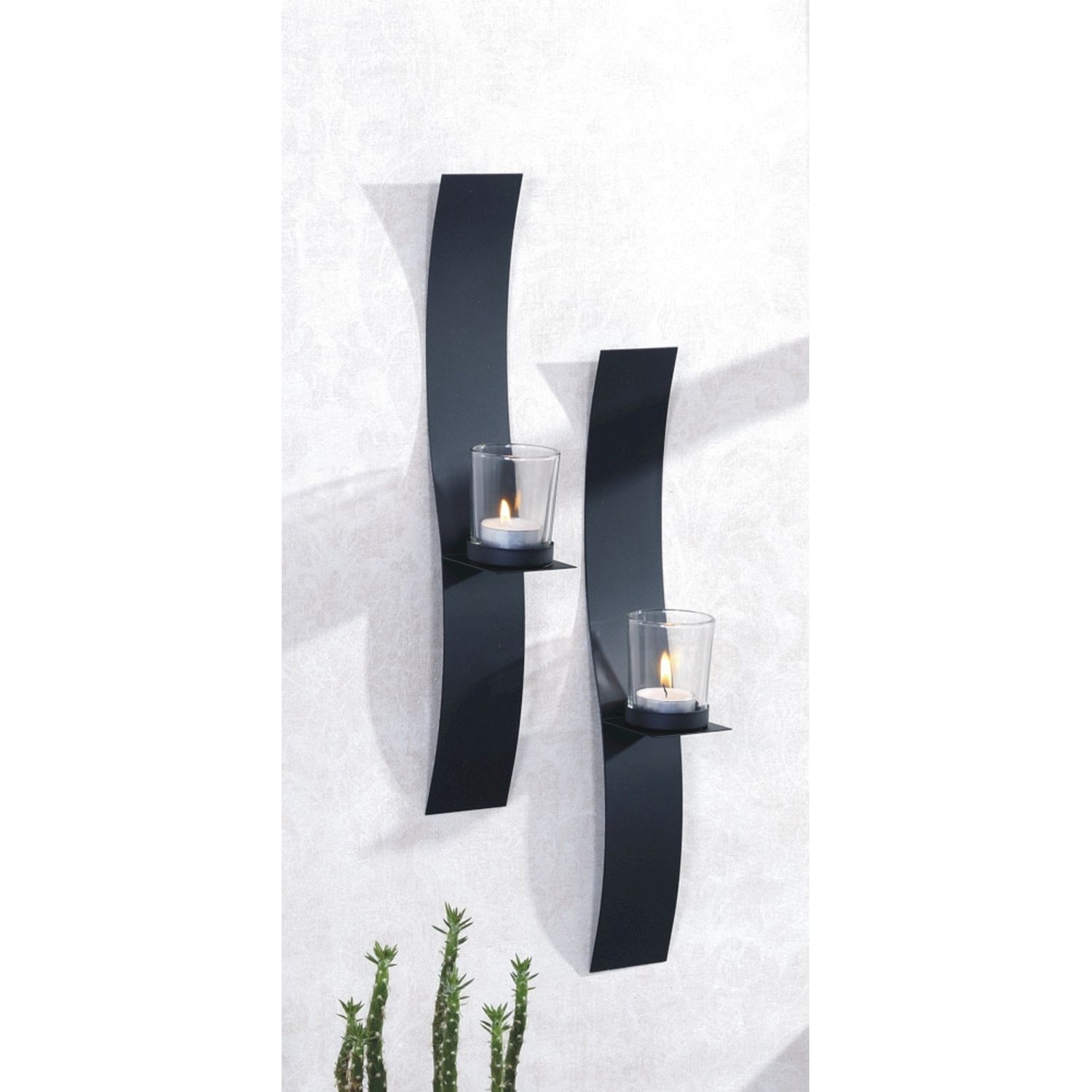 Wandkerzenhalter Modern 2er Set Stahl Glas Schwarz H: 40 cm