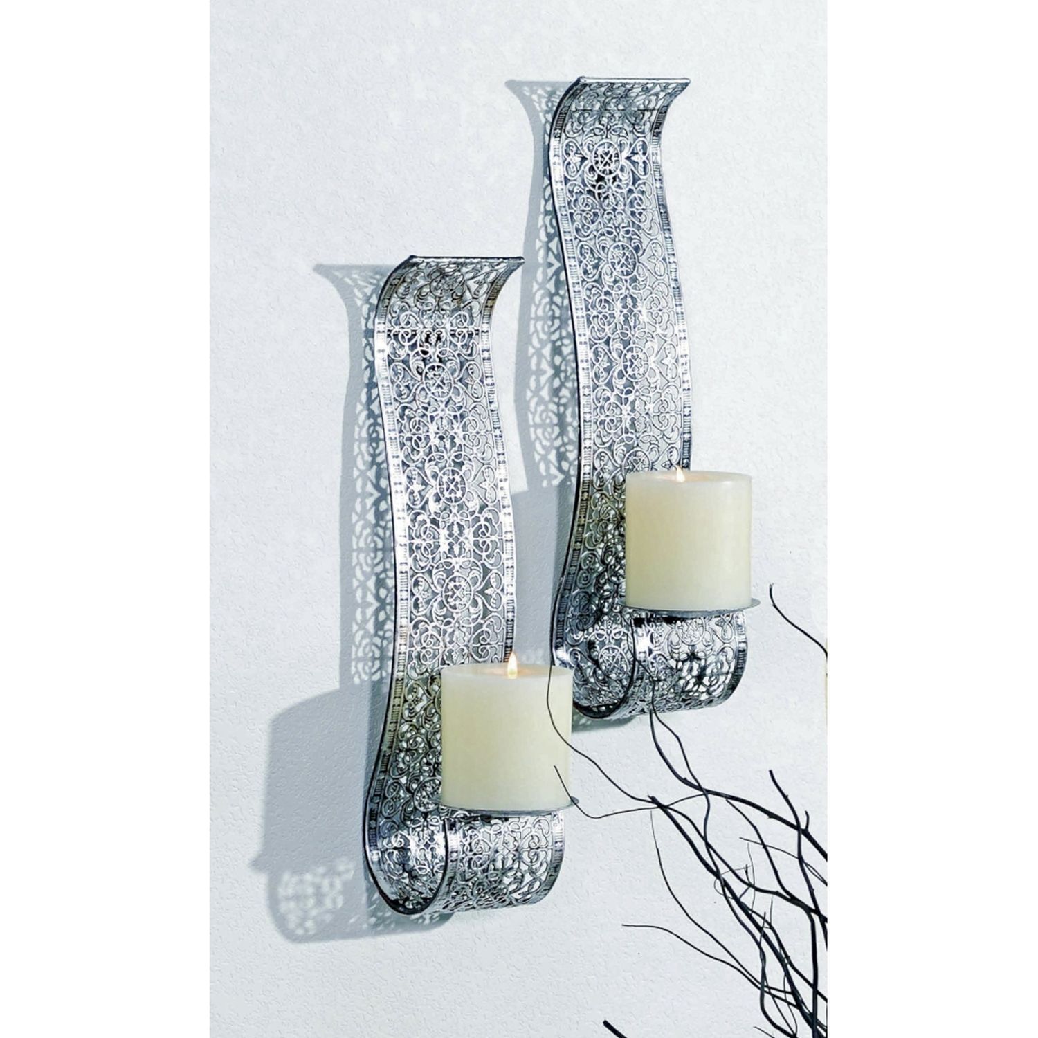Wandkerzenhalter 2er Set H: 37,5 cm Stahl in Silber
