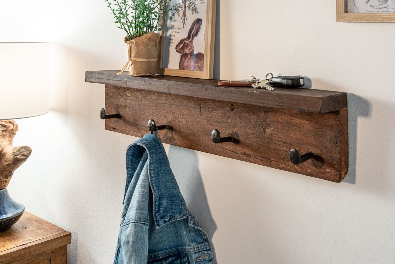 Wandgarderobe recyceltes Teakholz Metall 30 cm in Natur