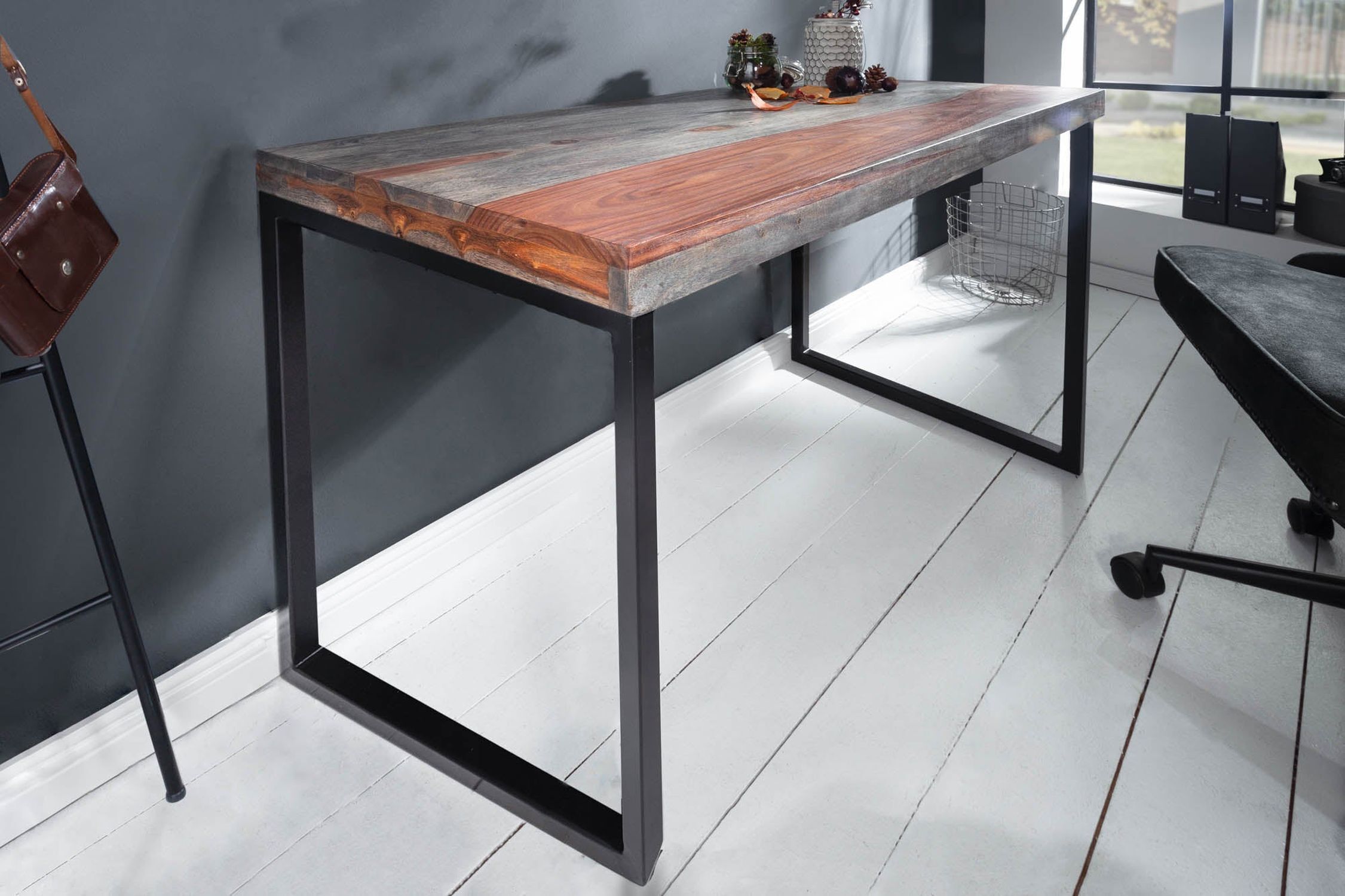 Schreibtisch Sheesham Holz Metall Rauch Finish Schwarz 118cm