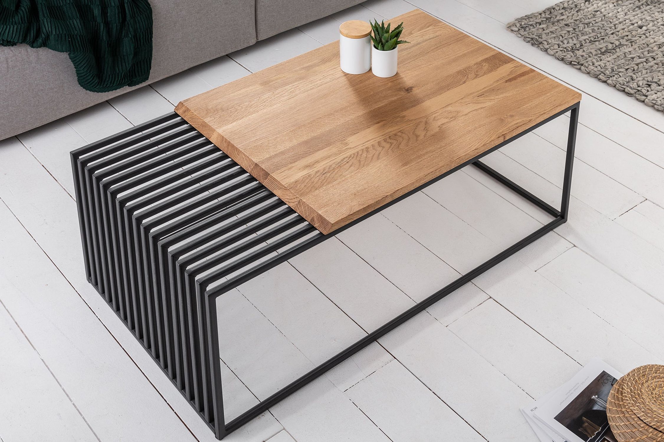 Couchtisch Holz (Eiche) Metall in Schwarz Natur 100x55 cm