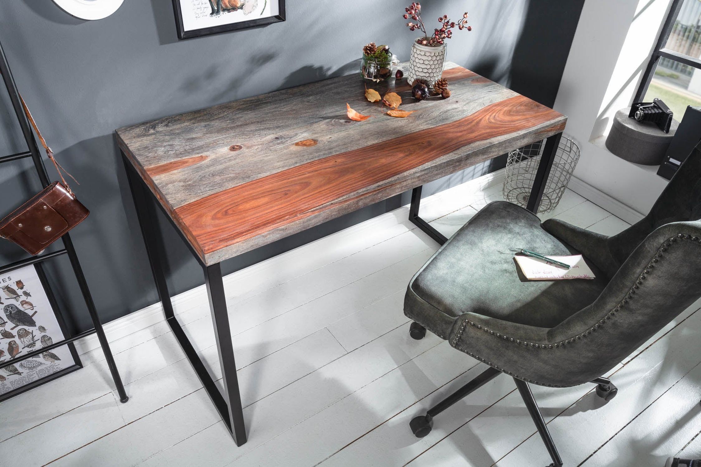 Schreibtisch Sheesham Holz Metall Rauch Finish Schwarz 118cm
