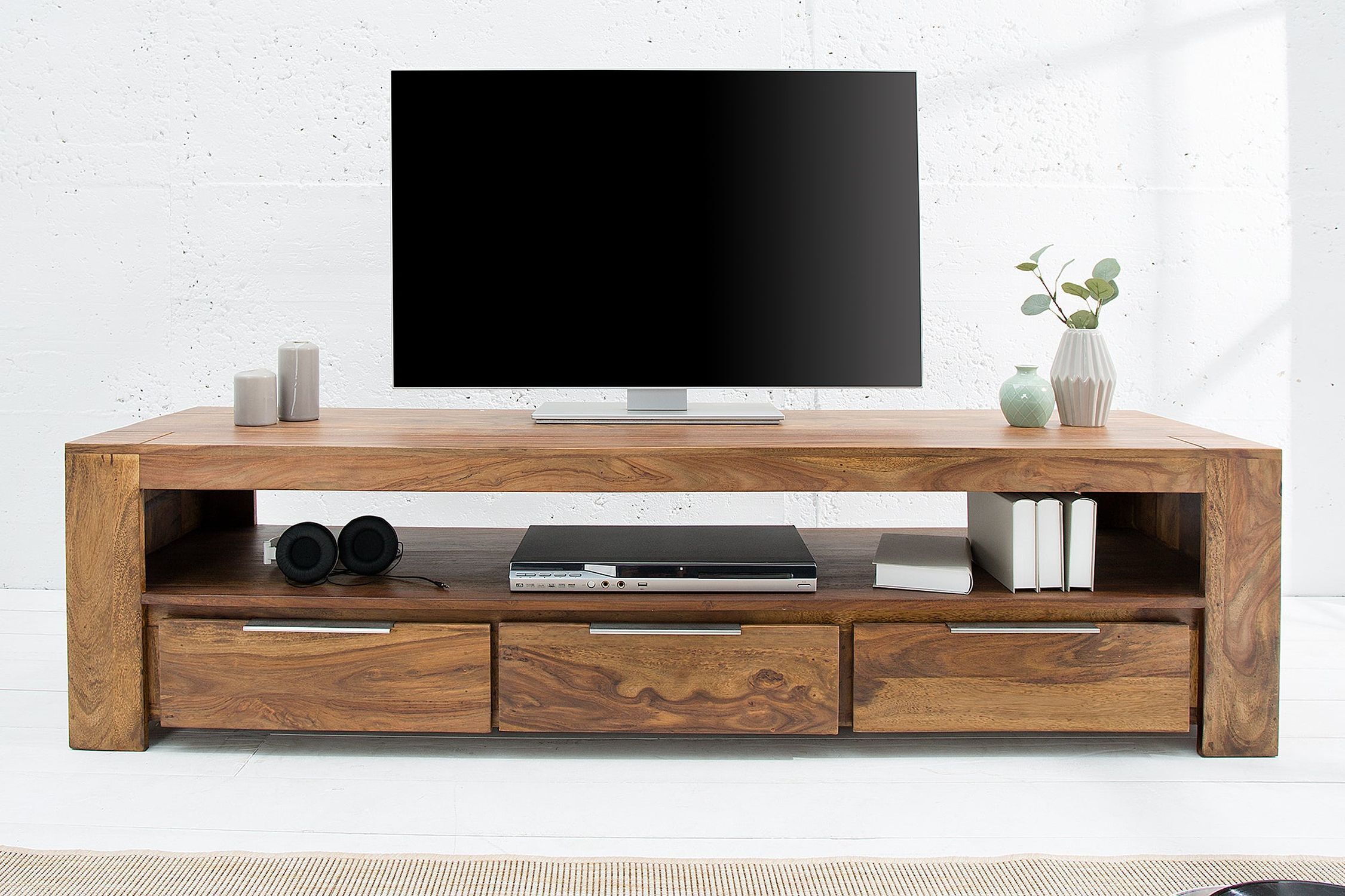 TV Lowboard Holz Sheesham 170 cm breit Schubladen großes Fach
