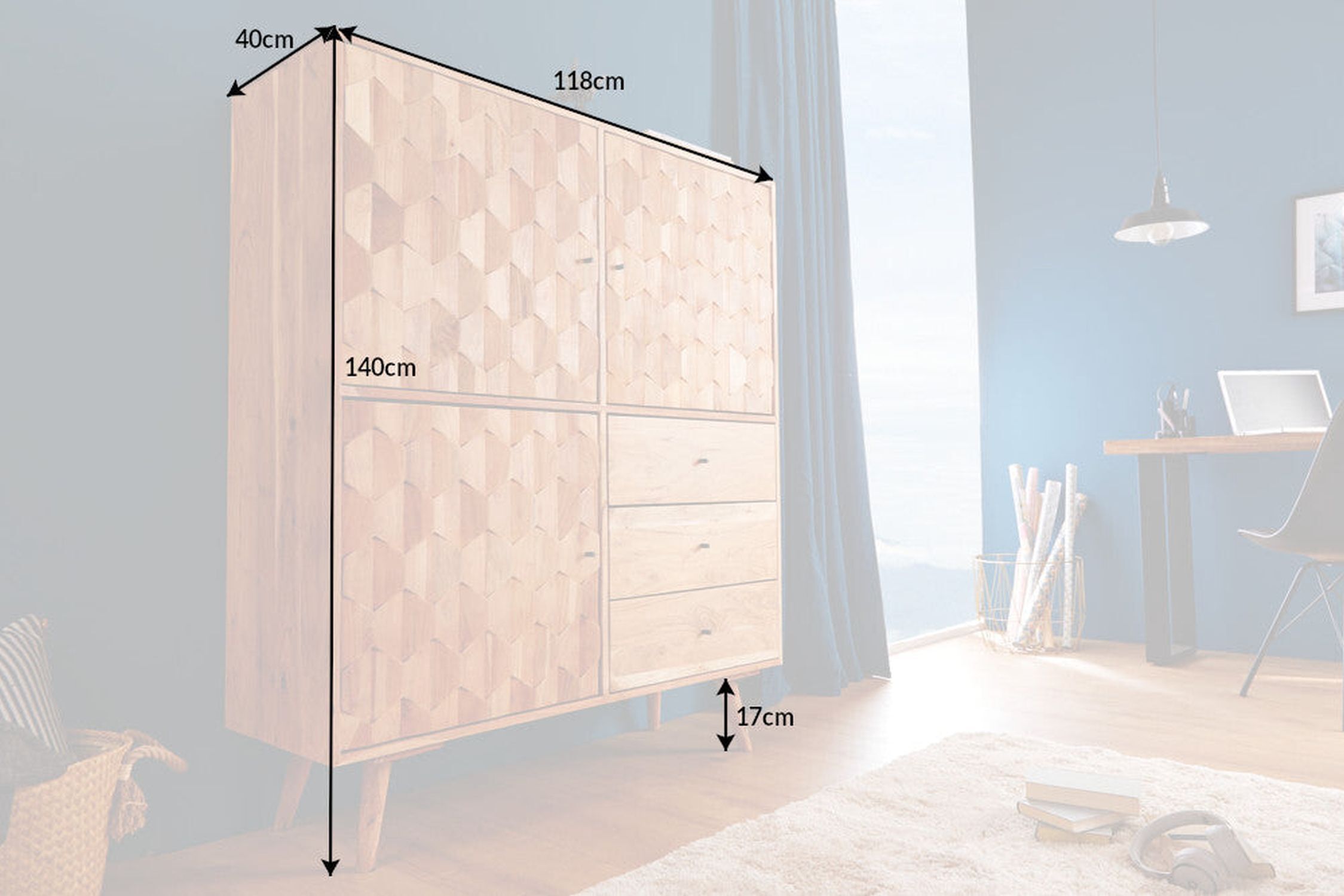 Highboard Holz Akazie 118 x 140 cm 3D-Front Schubladen Türen