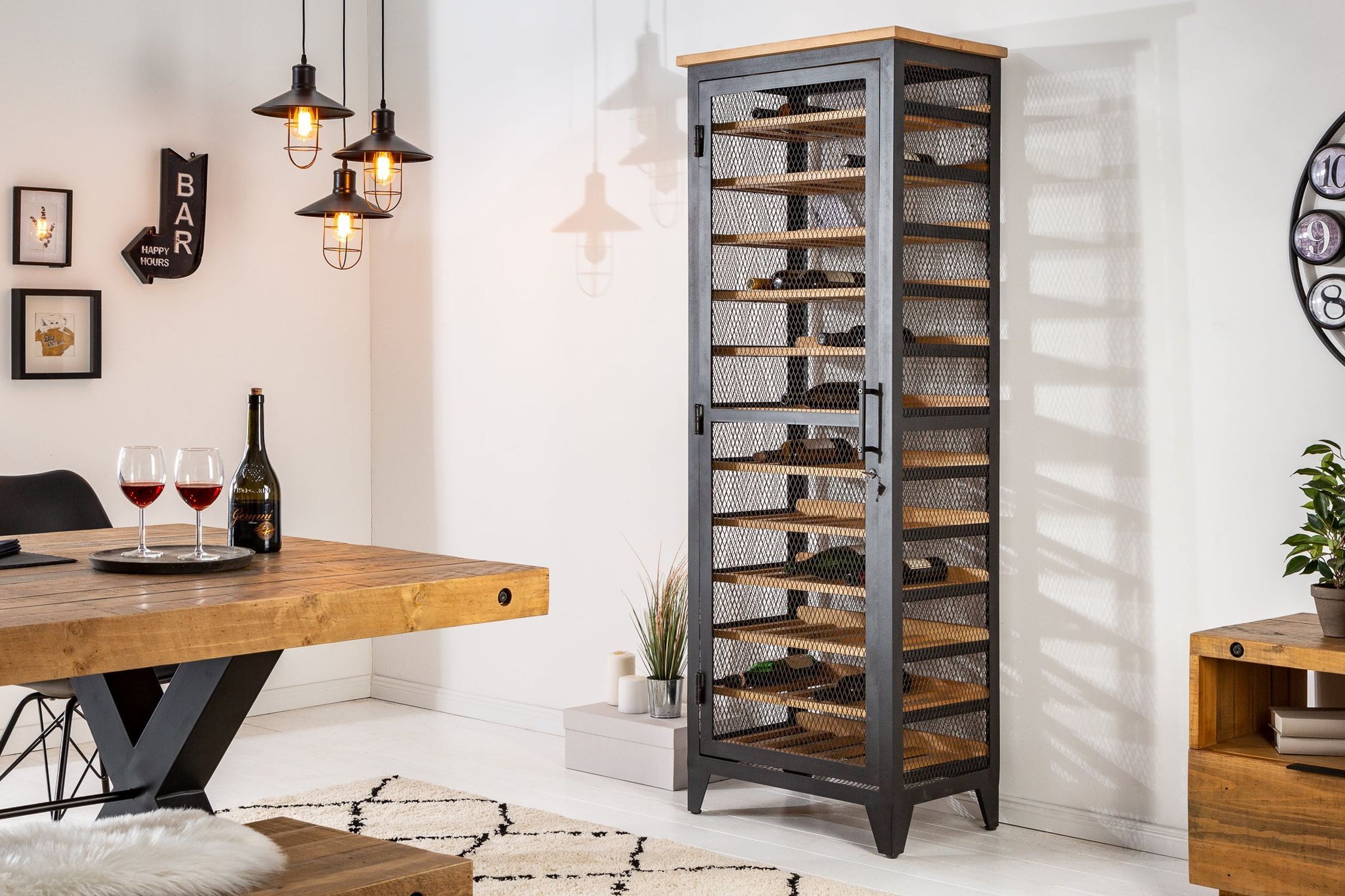 XXL Weinschrank 184cm für 72 Flaschen mit Schloss Eisen Holz