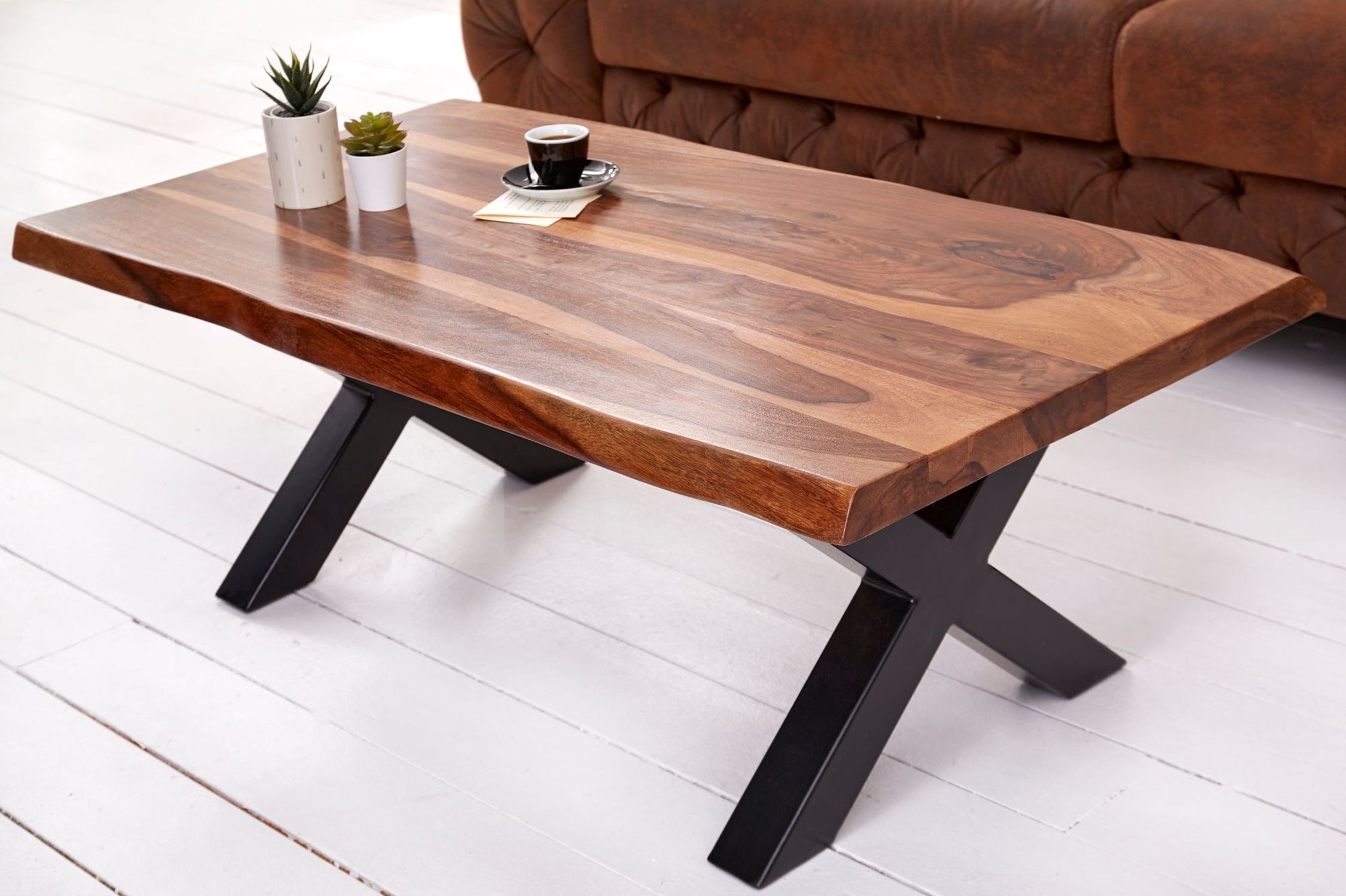 Couchtisch Sheesham Holz Metall Baumkante 110x60 cm