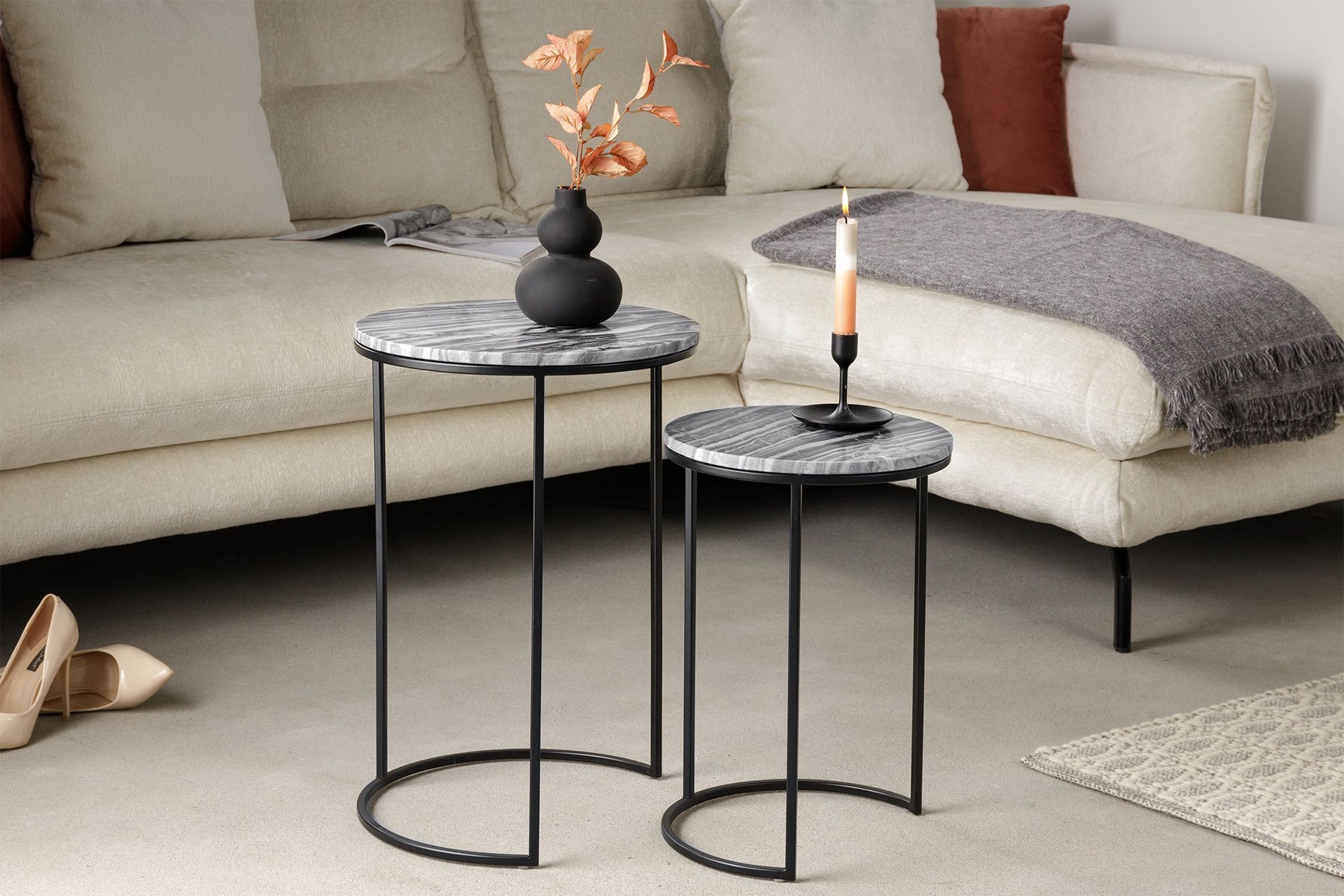 Beistelltisch 2er Set Marmor Metall in Grau Schwarz