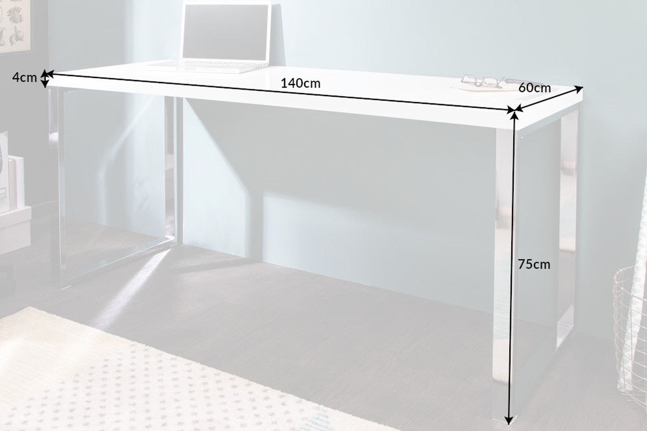 Schreibtisch in Weiß Hochglanz Chrom 140 x 75 cm