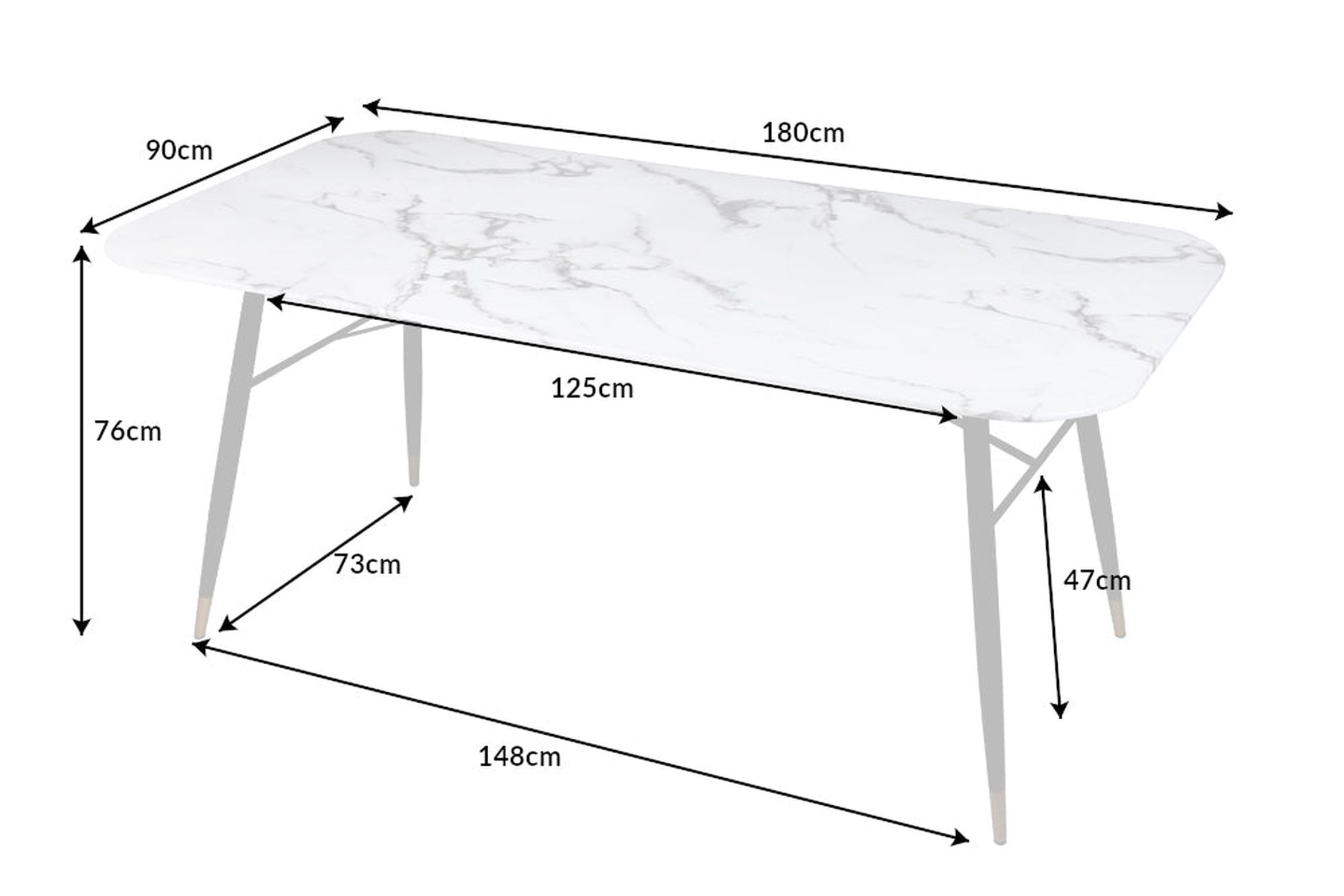 Esstisch Hartglas Metall in Weiß Schwarz Gold 180x90 cm