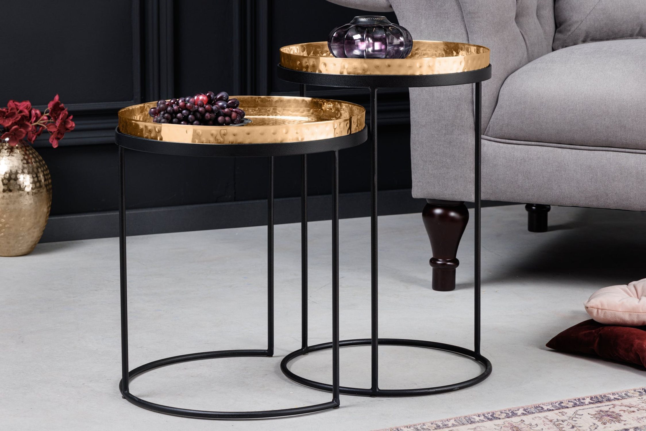 Beistelltisch 2er Set in Gold Schwarz mit Tablett Handarbeit