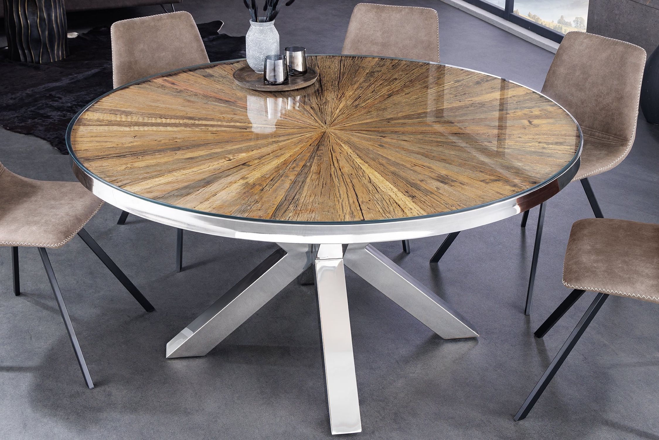 Esstisch Teakholz Hartglas Edelstahl Braun Chrom 140x140 cm