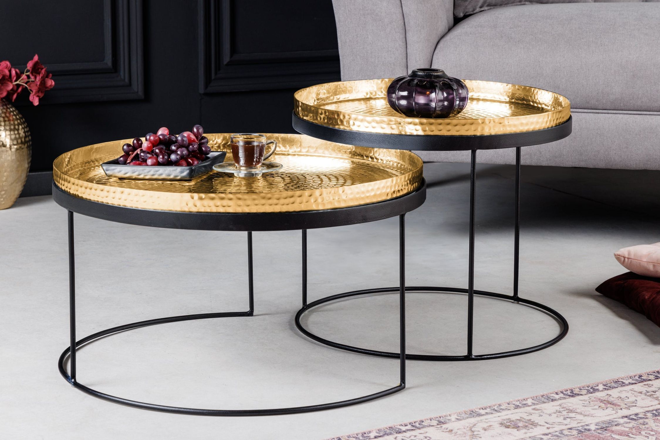 Couchtisch 2er Set in Gold Schwarz mit Tabletts Handarbeit