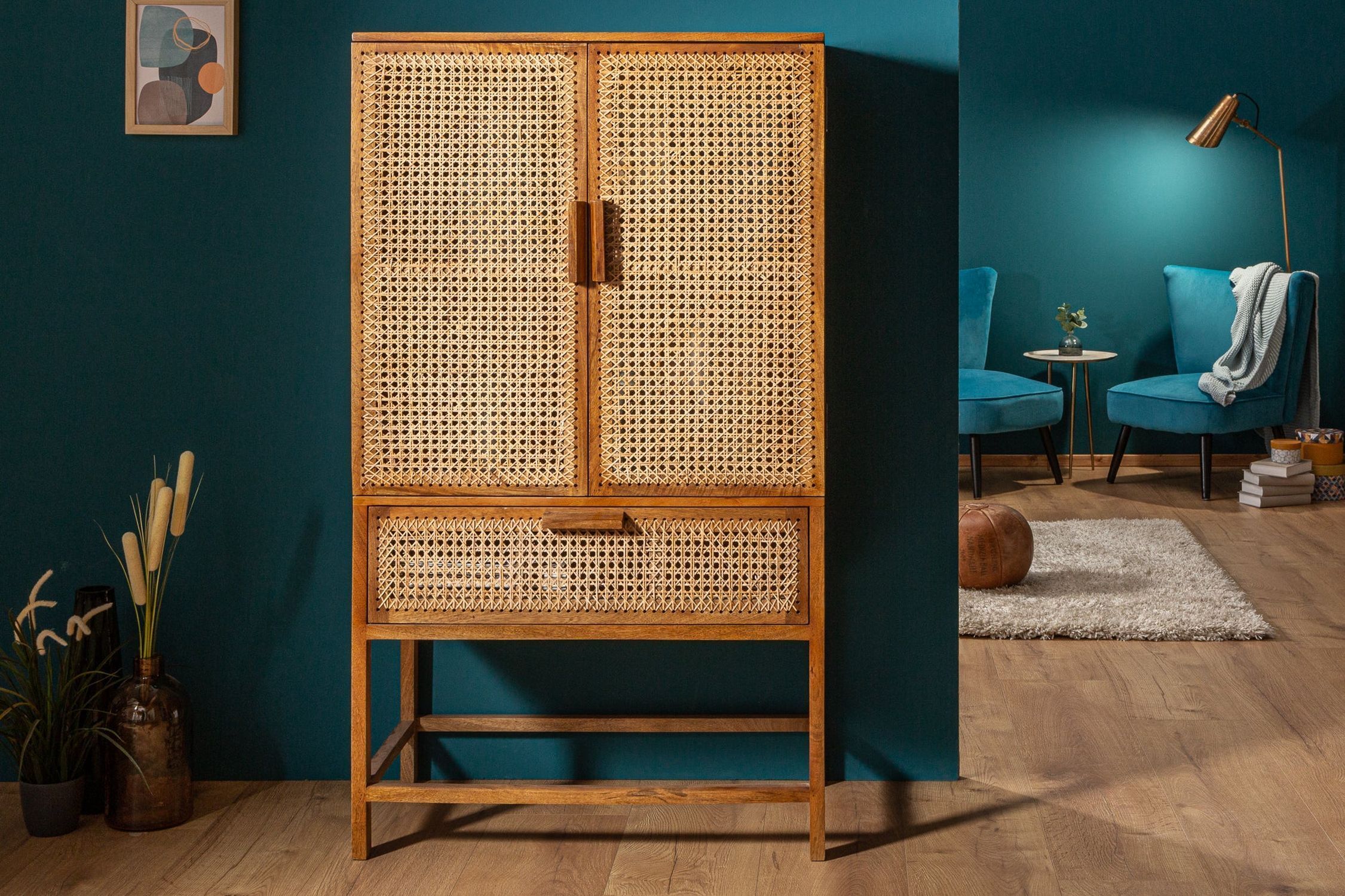 Highboard Bambus Mangoholz H: 140 cm Wiener Geflecht Boho