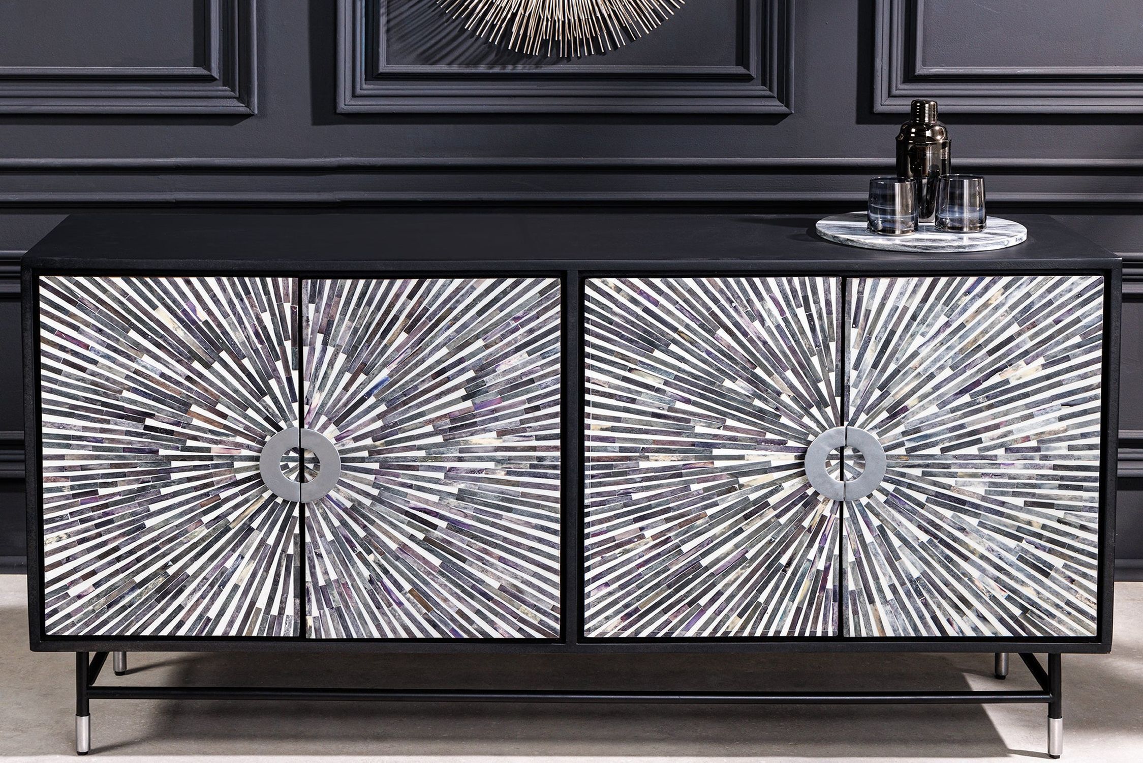 Sideboard Schwarz Weiß 160 x 80 cm Intarsien Handarbeit