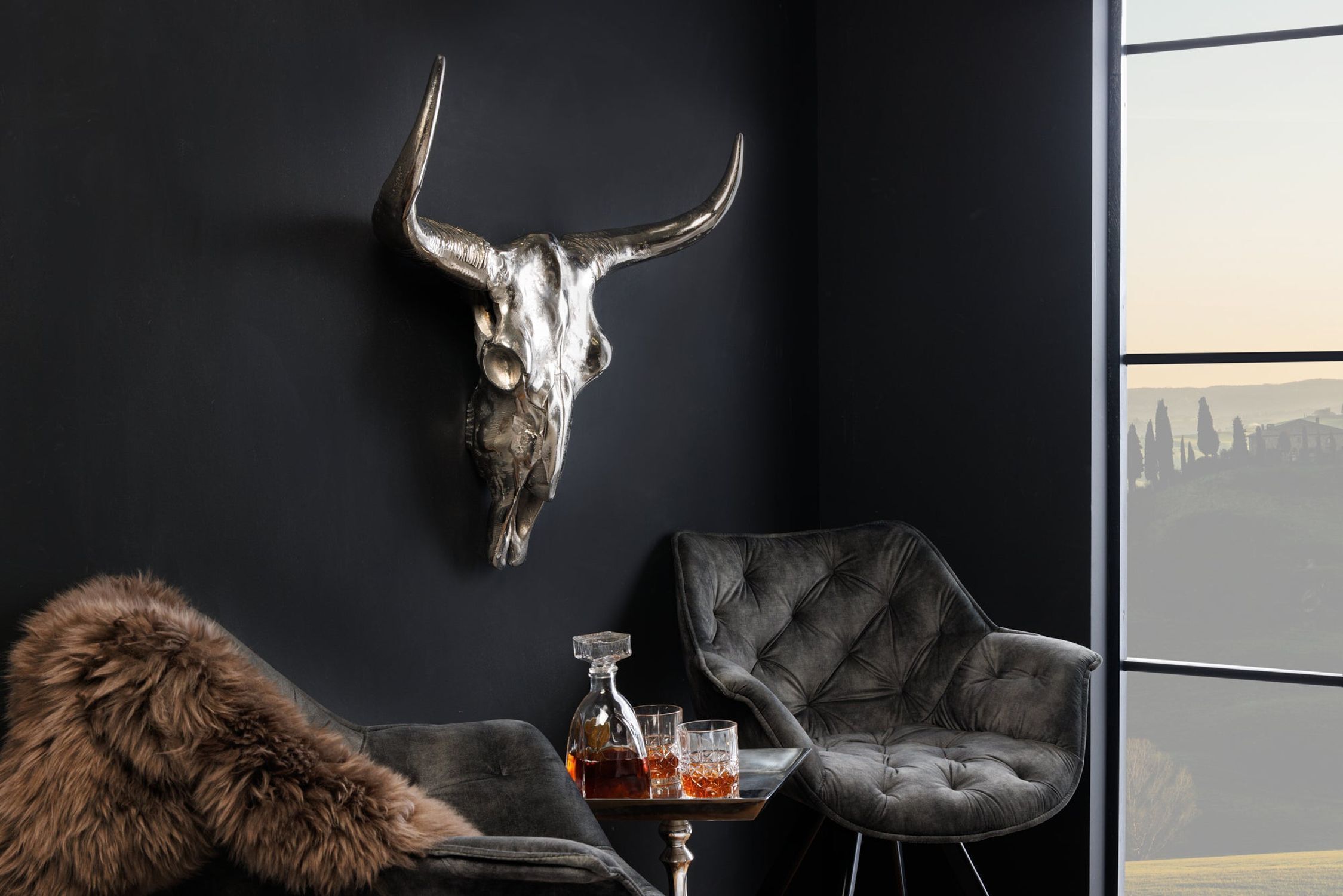 Wanddeko Stier Schädel aus Metall Handarbeit B: 70cm in Silber