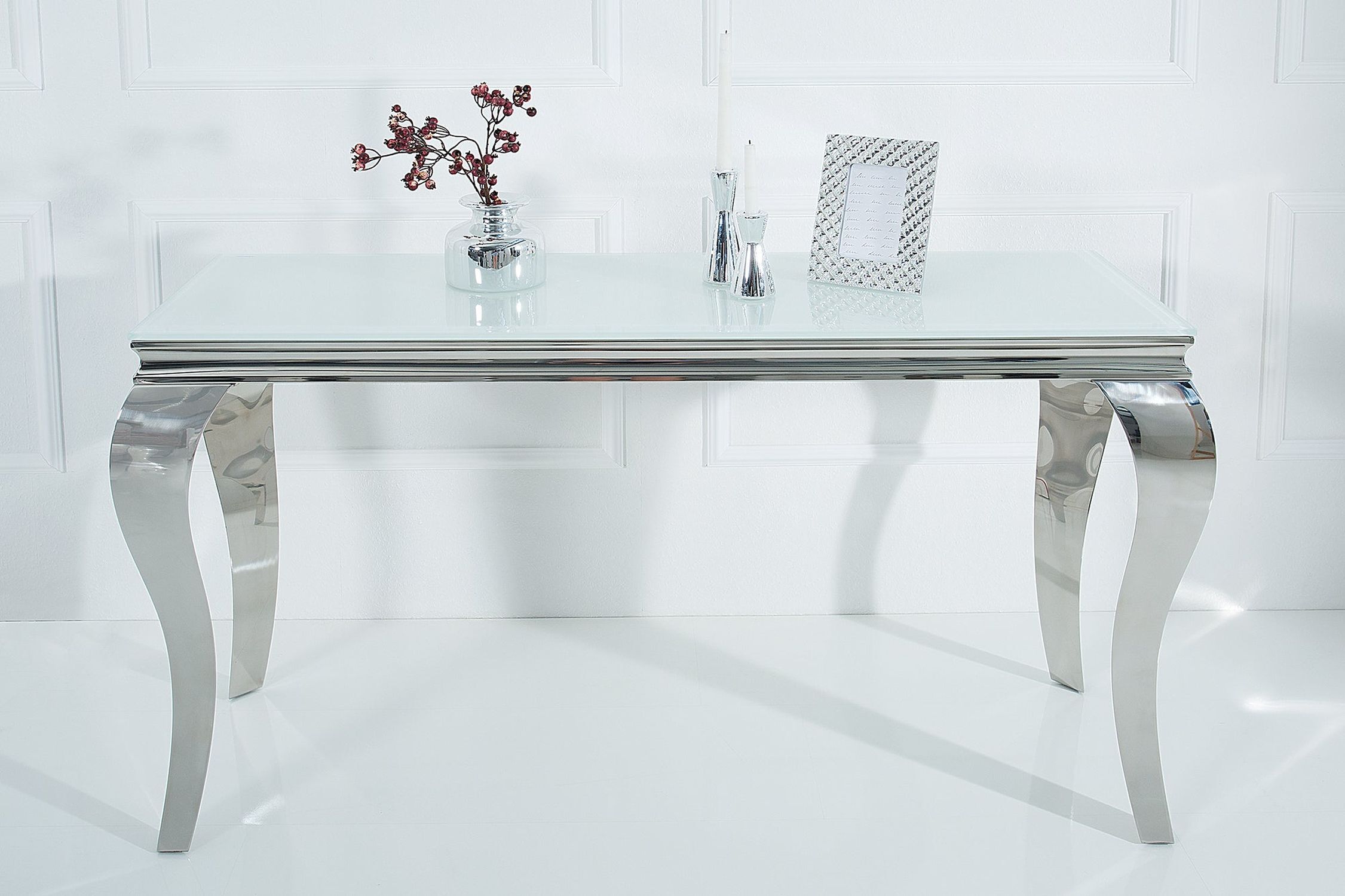 Konsolentisch Keramik Hartglas Metall in Weiß Silber 140cm