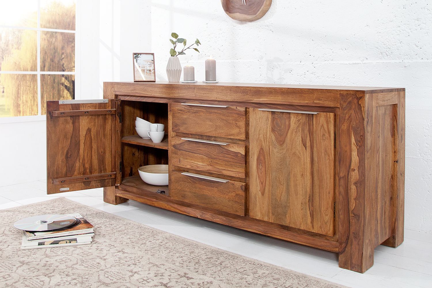 Sideboard Sheesham Holz Aluminium 40 cm in Natur Silber