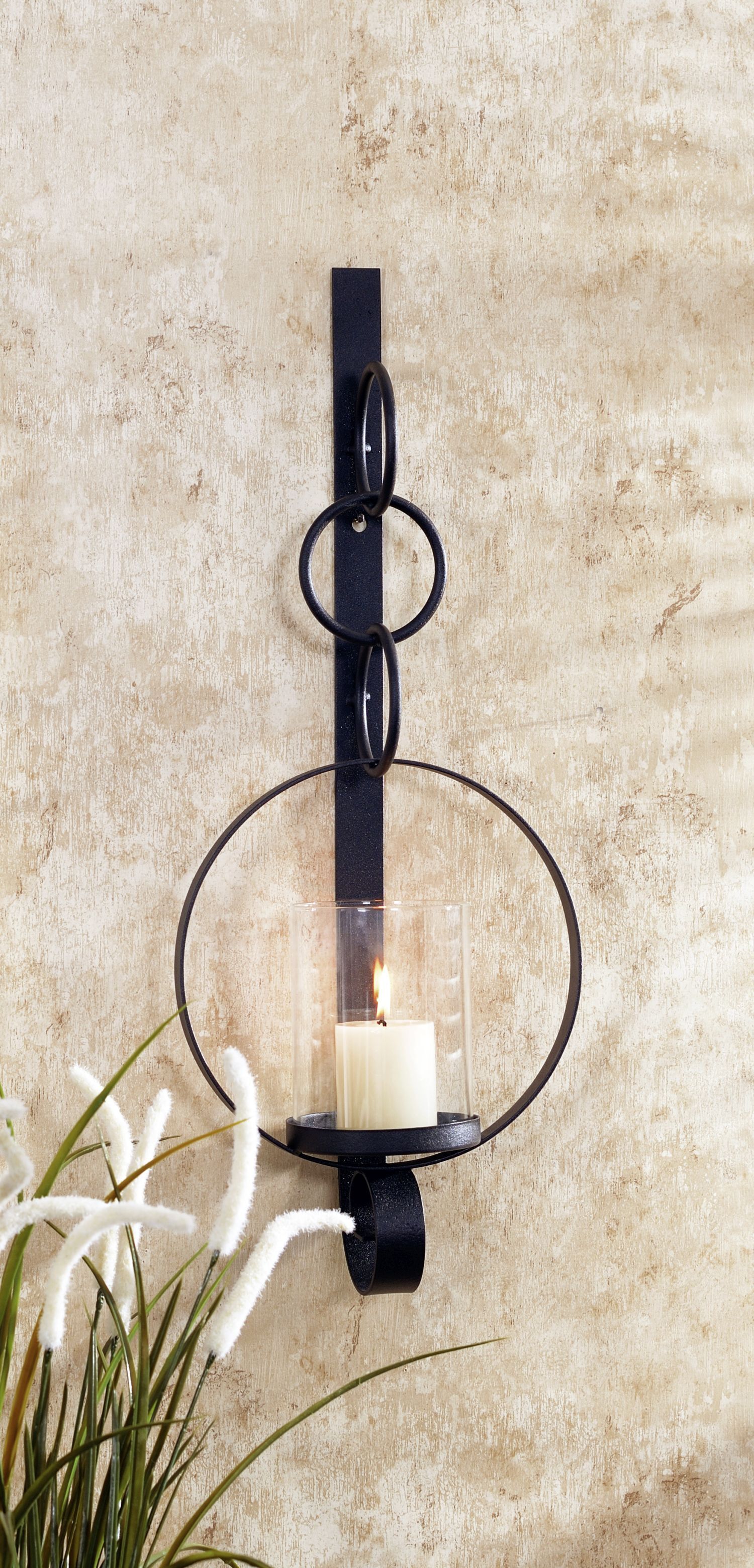 Wandkerzenhalter Schwarz 52 cm hoch aus Eisen Glas Rustikal