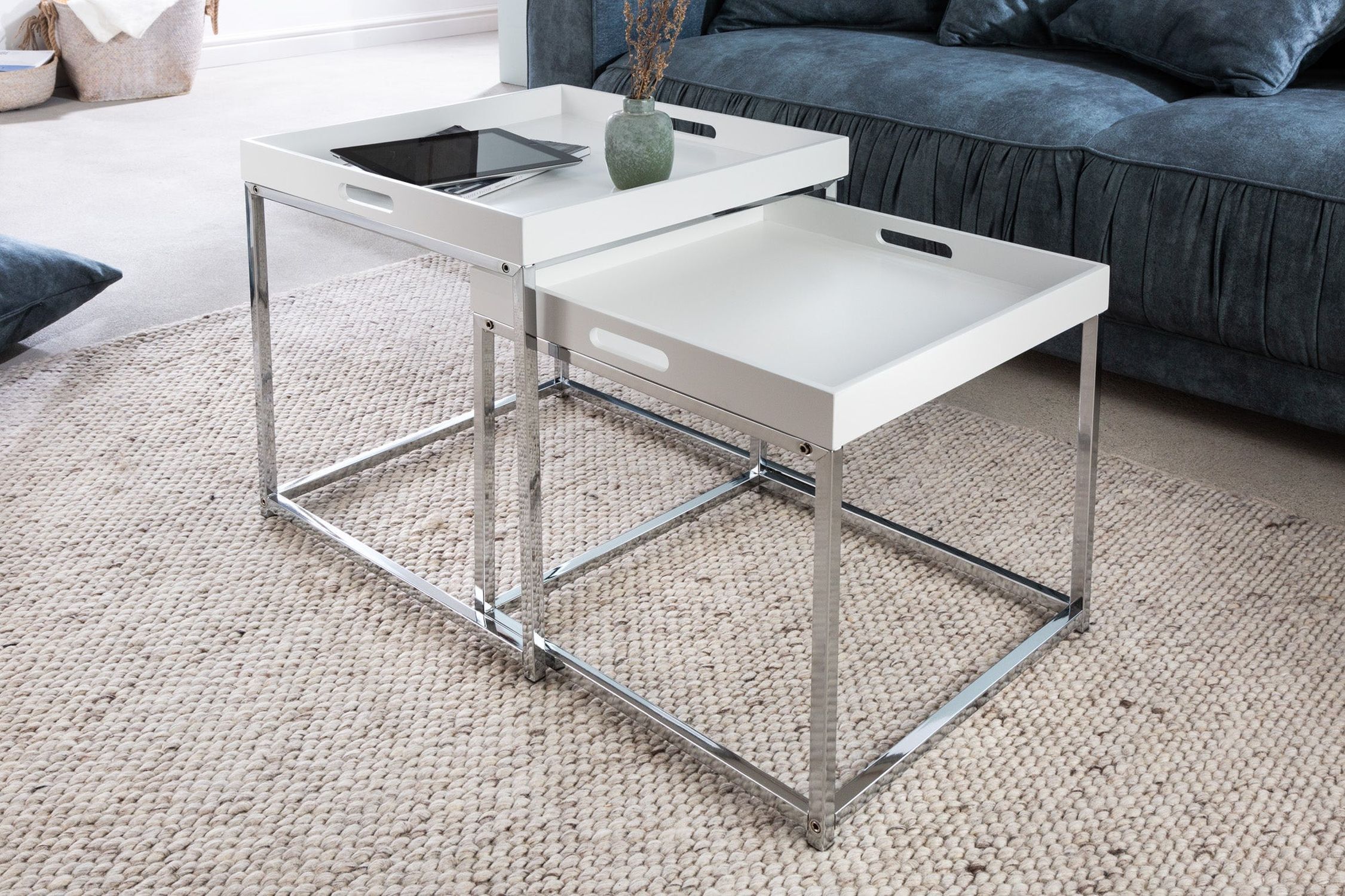 Beistelltisch 2er Set Metall in Weiß Chrom mit Tablett