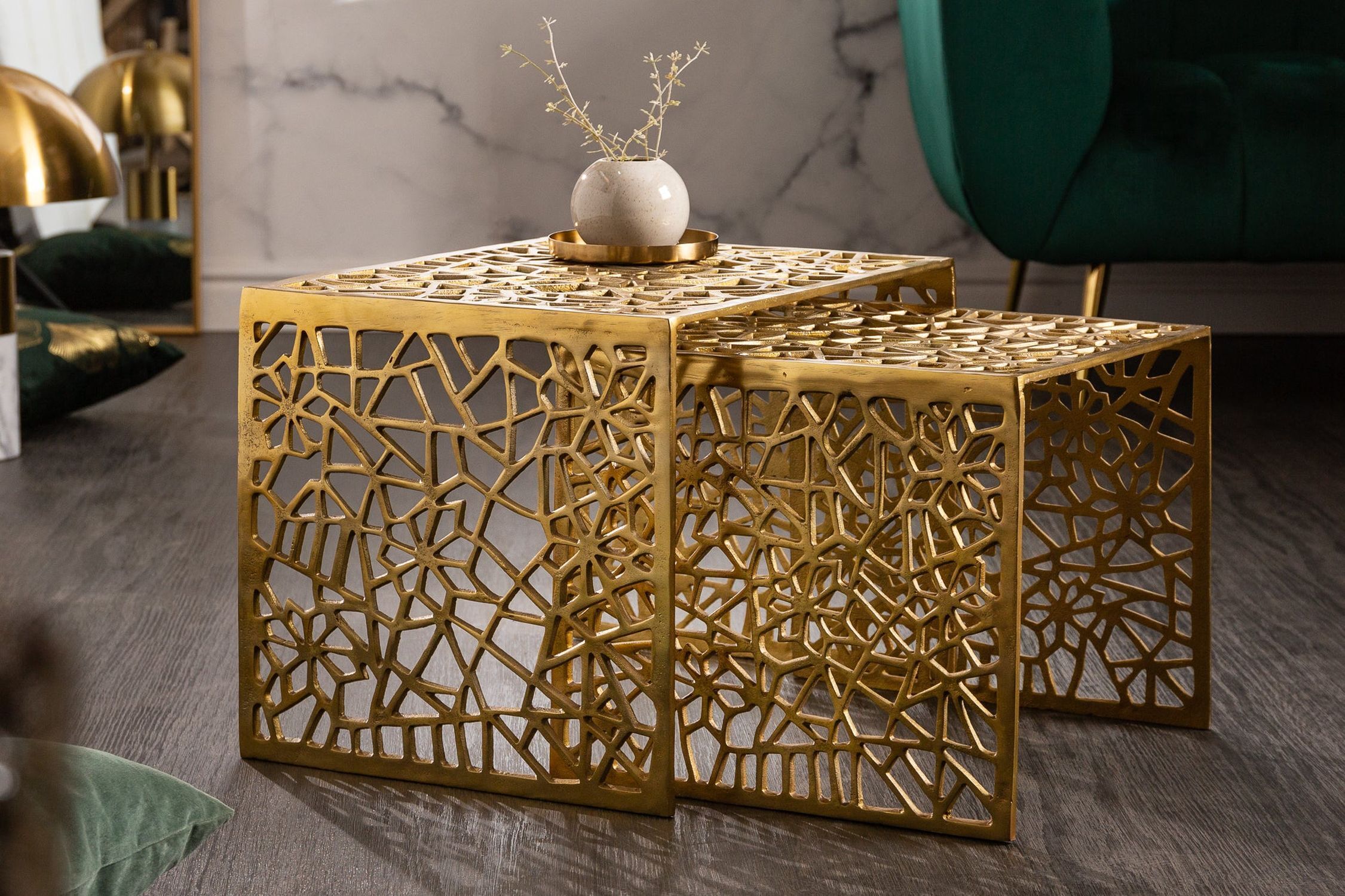 Couchtisch 2er Set Metall in Gold eckig Handarbeit
