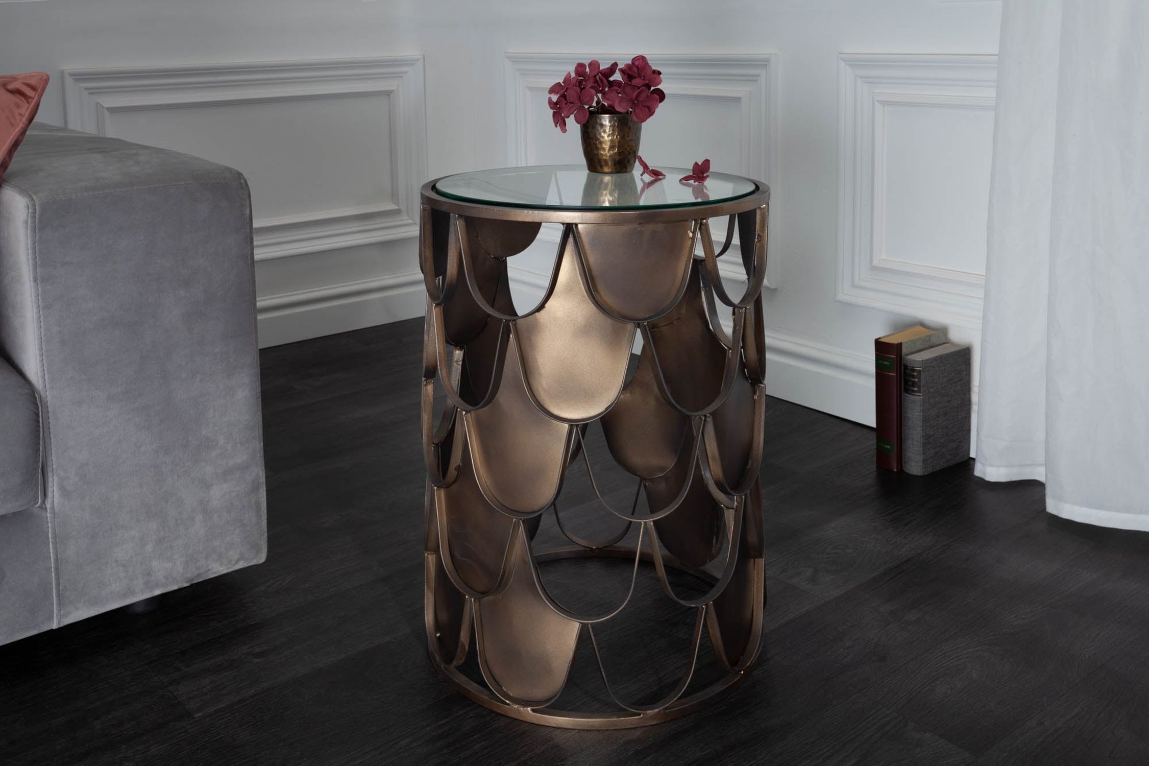 Beistelltisch Hartglas Metall in Messing Antik 40x40 cm