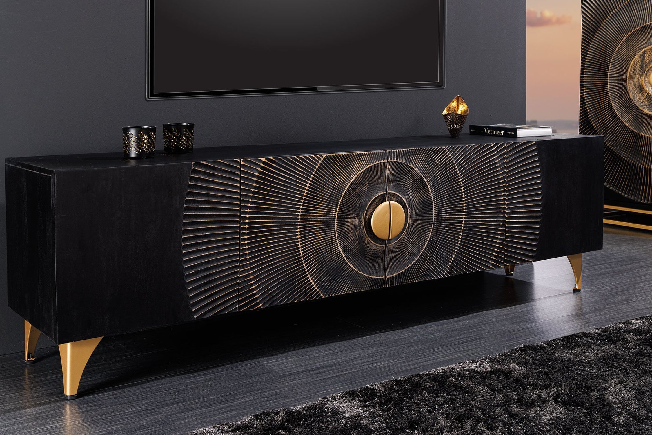 TV Board 180 cm breit Schwarz Gold Handarbeit Holz Metall