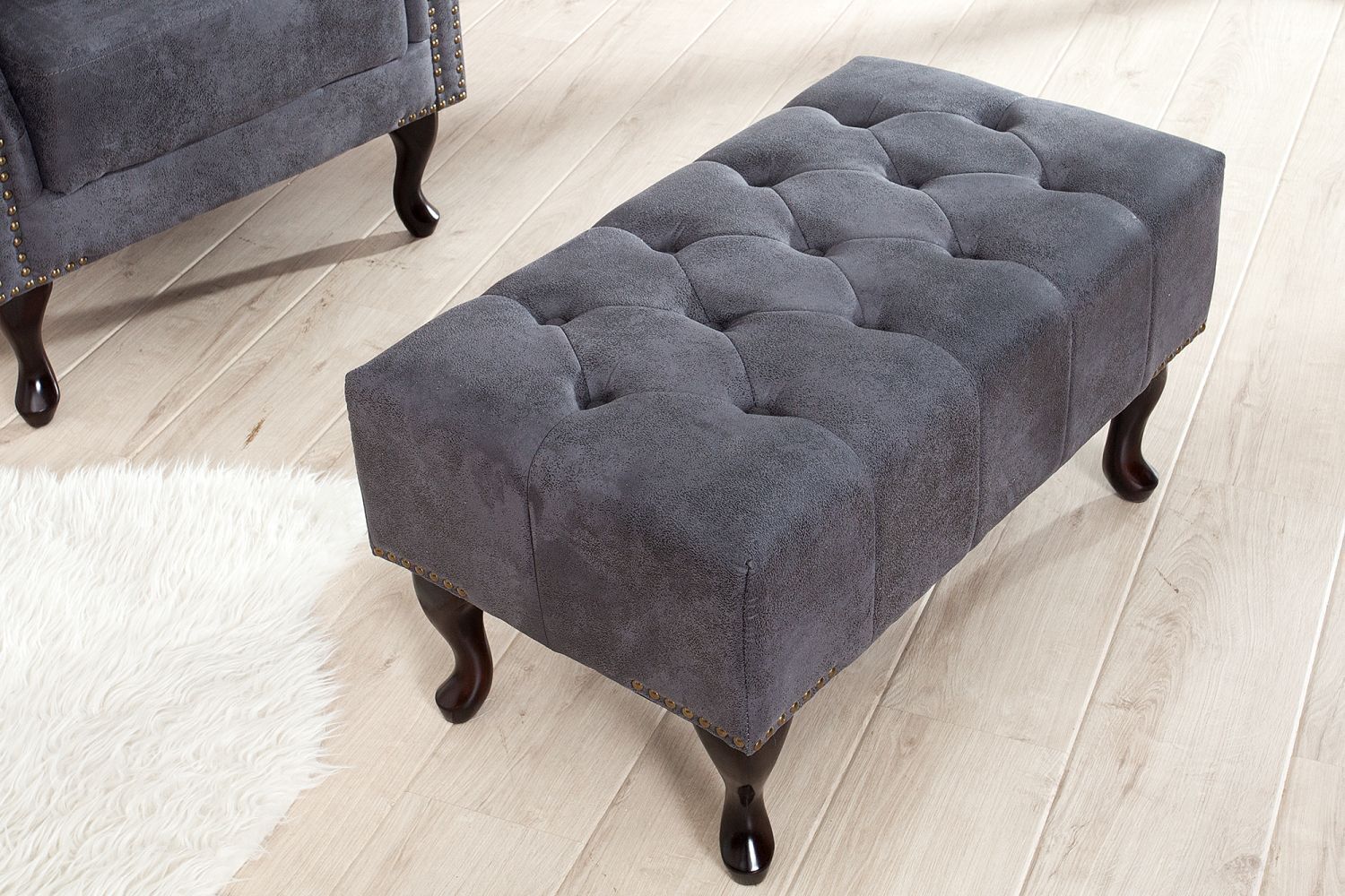 Hocker Microfaser Holz 80x45 cm in Antik Grau