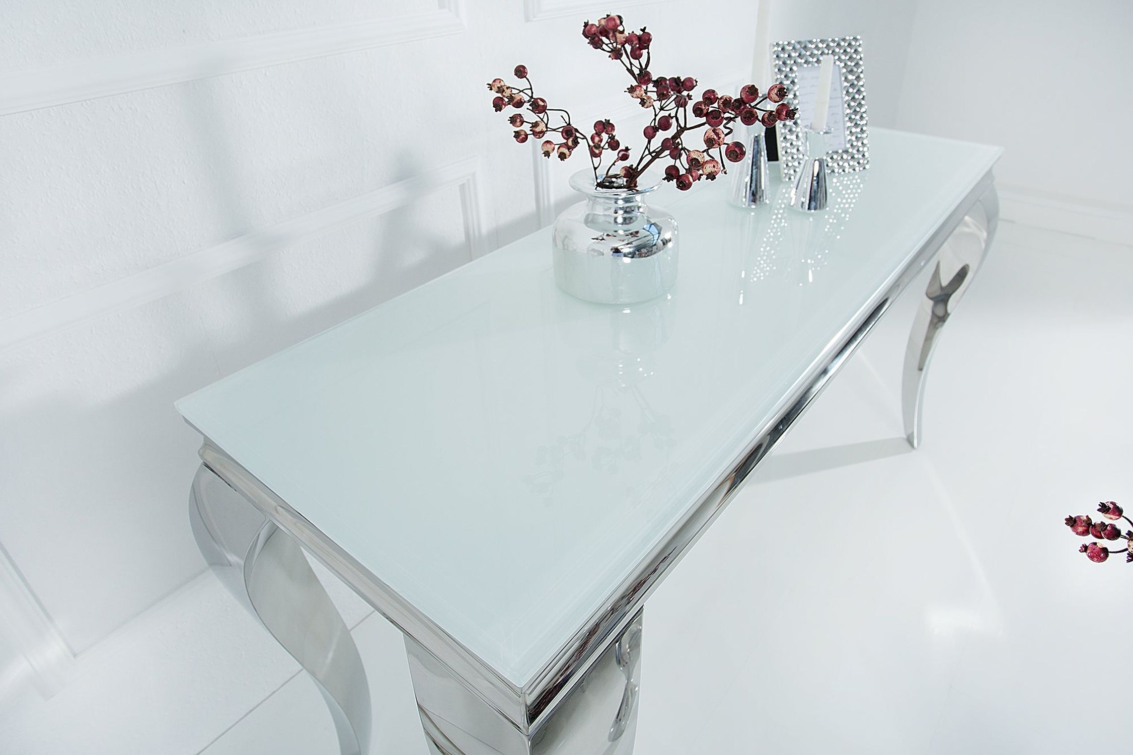 Konsolentisch Keramik Hartglas Metall in Weiß Silber 140cm
