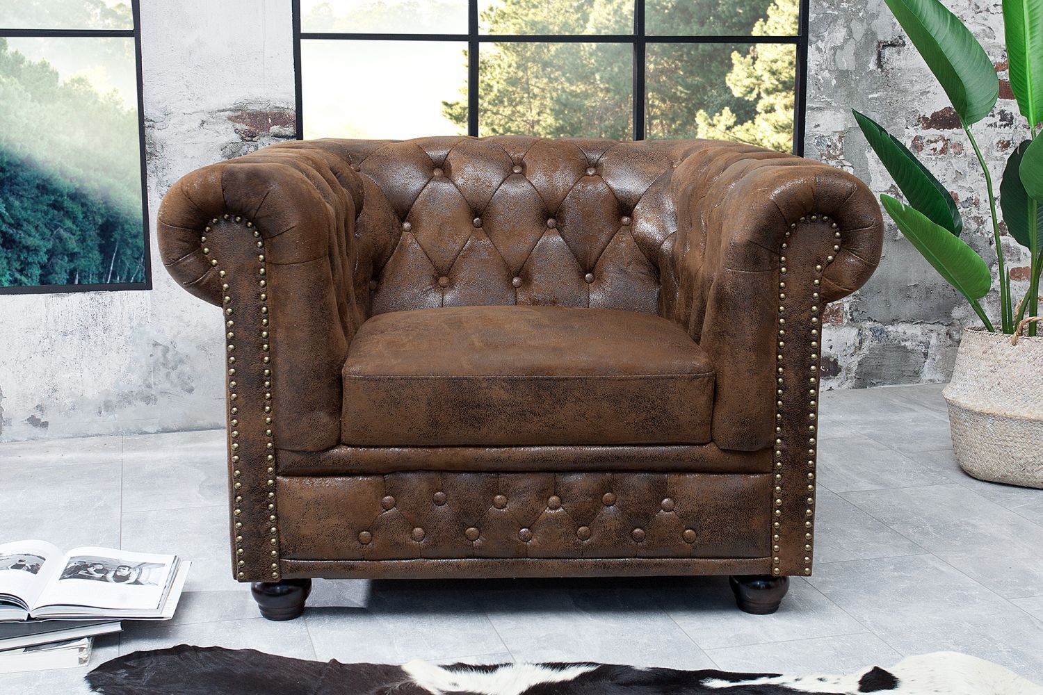 Sessel Kunstleder Holz 65 cm in Antik Braun