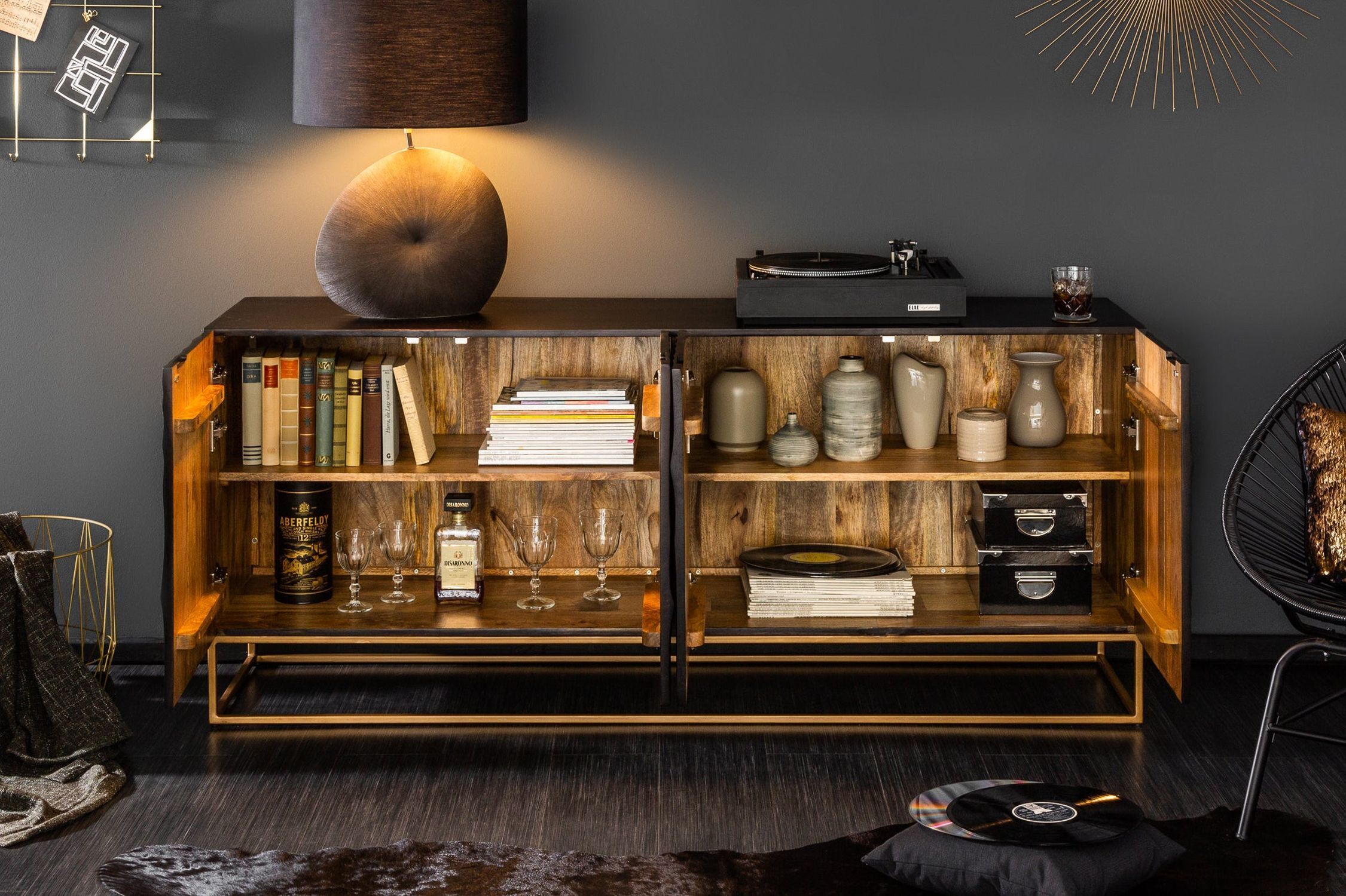 Sideboard Schwarz Gold 177 x 76 cm Handarbeit groß Holz Metall
