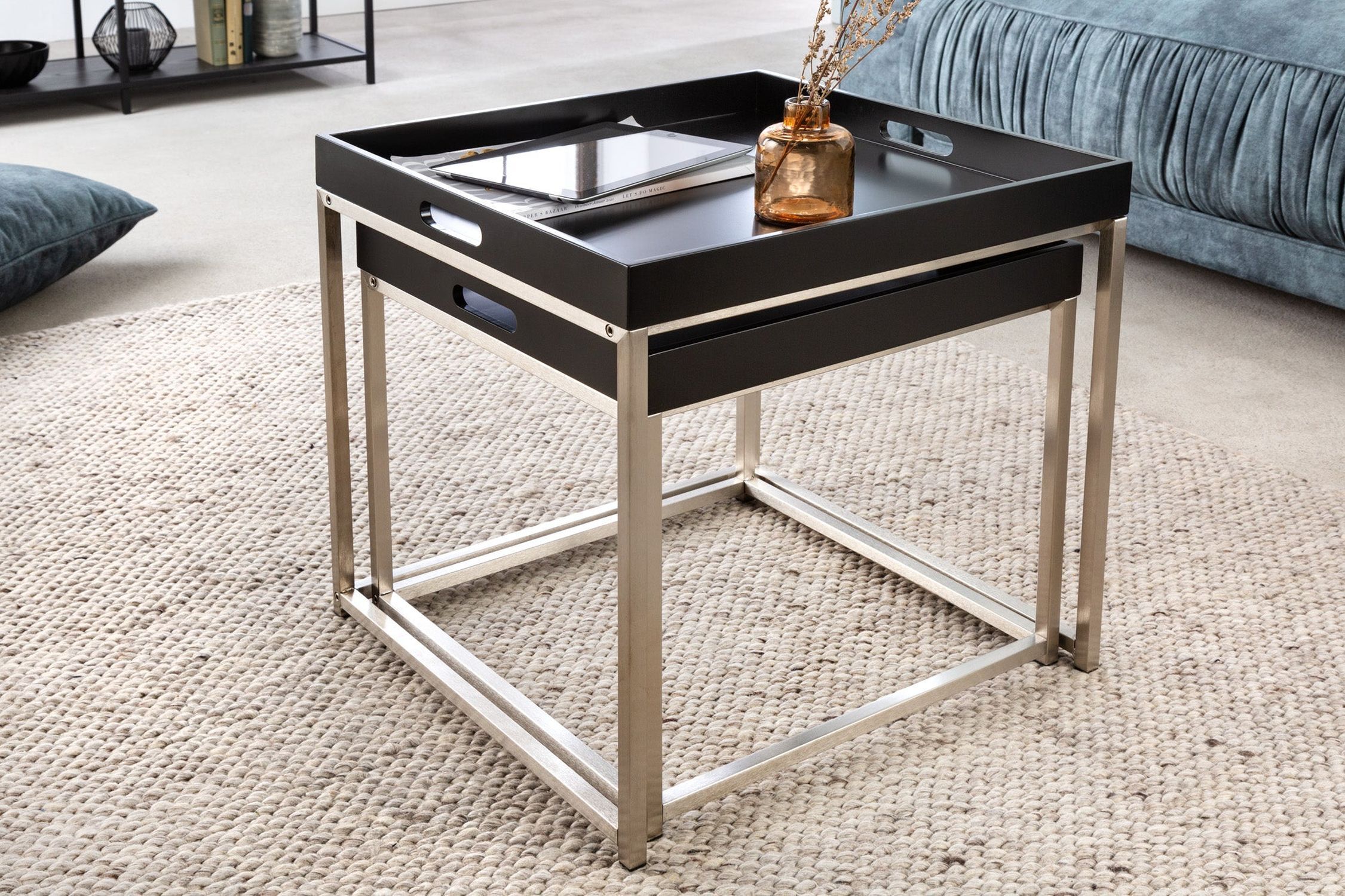 Beistelltisch 2er Set MDF Metall in Schwarz mit Tabletts