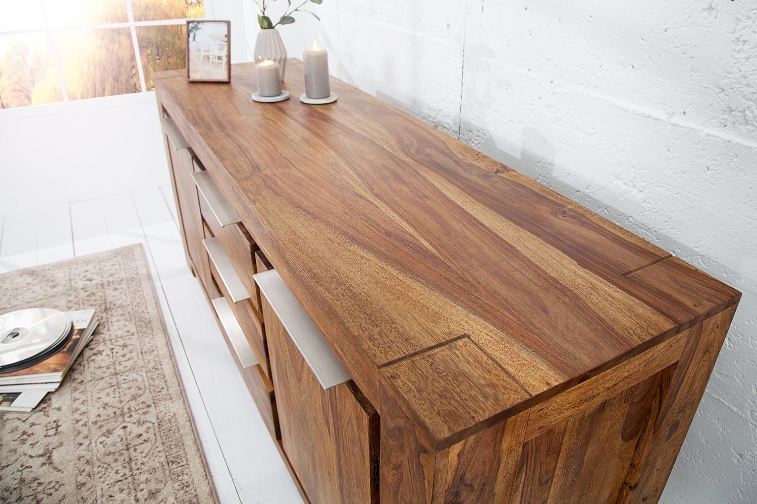 Sideboard Sheesham Holz Aluminium 40 cm in Natur Silber