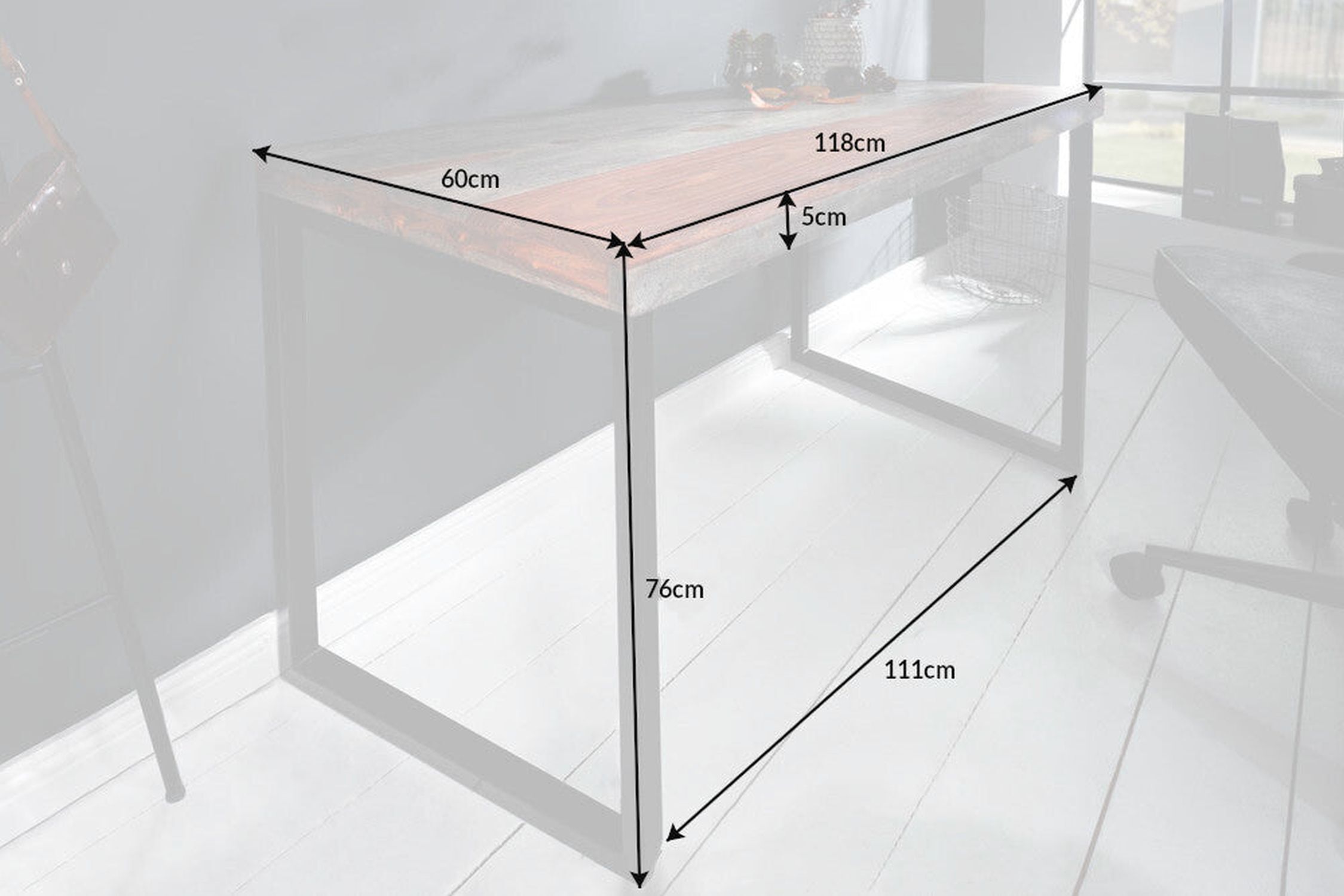 Schreibtisch Sheesham Holz Metall Rauch Finish Schwarz 118cm