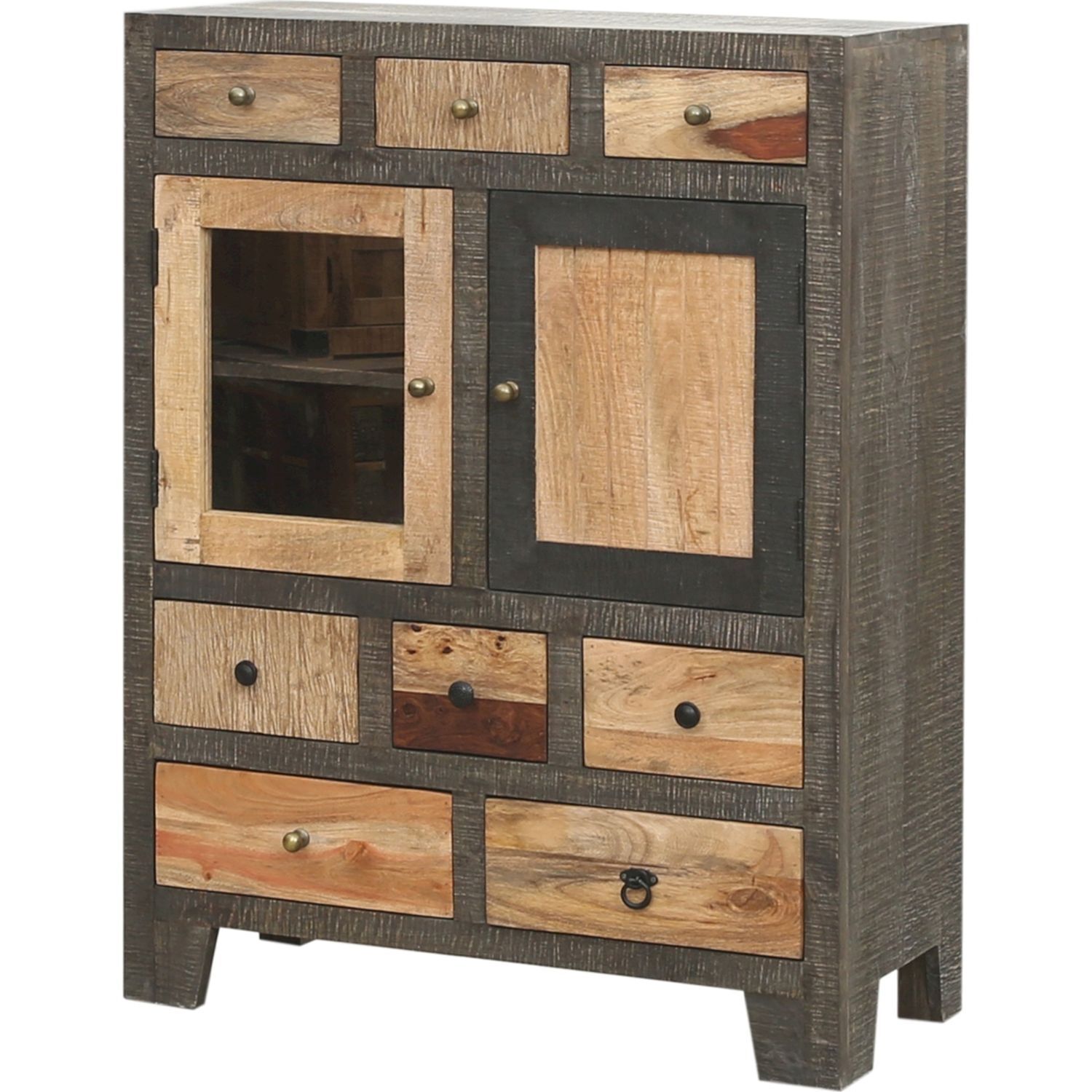 Sideboard Holz Glas 118 cm hoch Grau Natur Schwarz