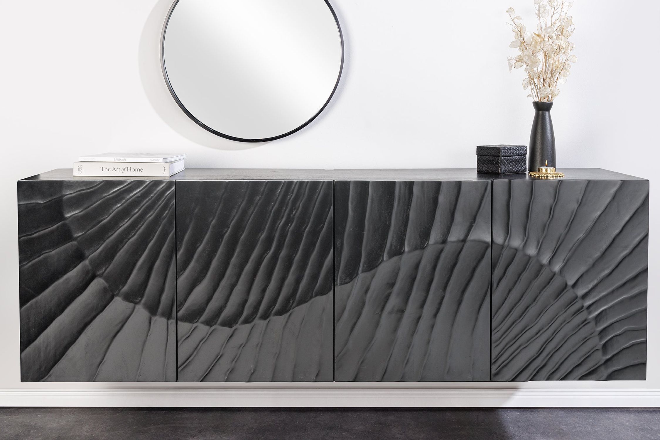 Hängesideboard Schwarz Holz 177 cm breit Handarbeit 3D-Motiv