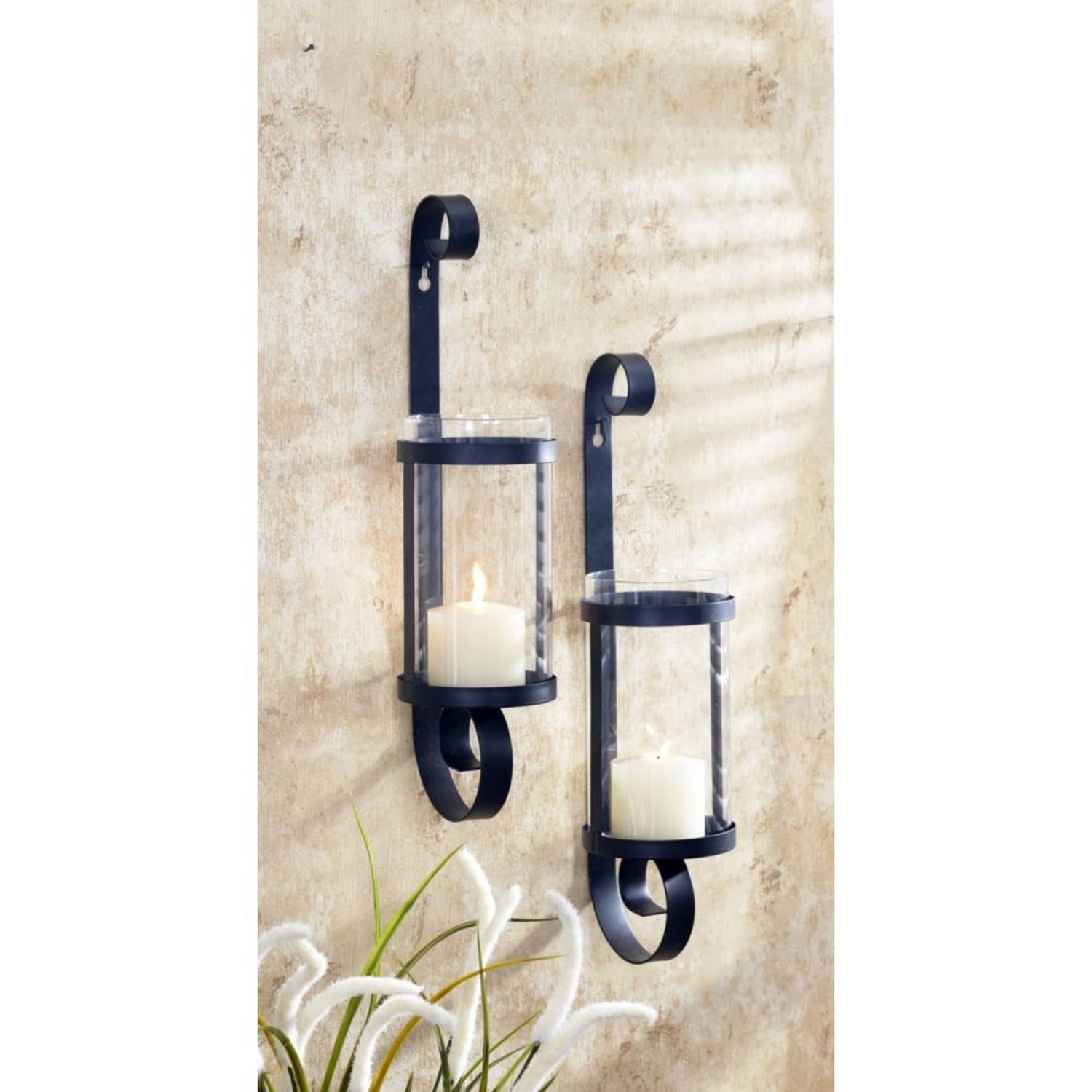 Wandkerzenhalter 2er Set Rustikal Schwarz H: 38cm Stahl Glas