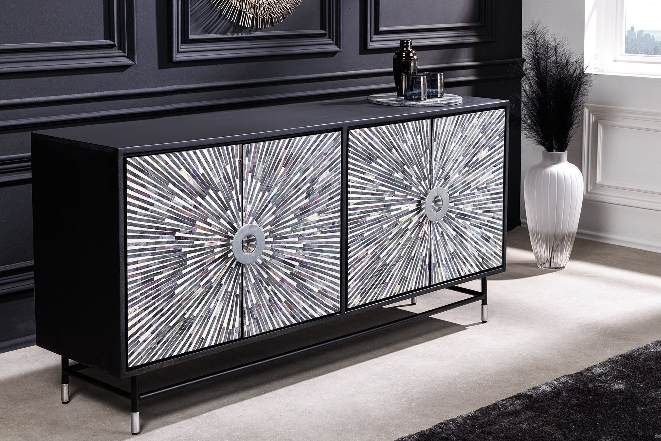 Sideboard Schwarz Weiß 160 x 80 cm Intarsien Handarbeit