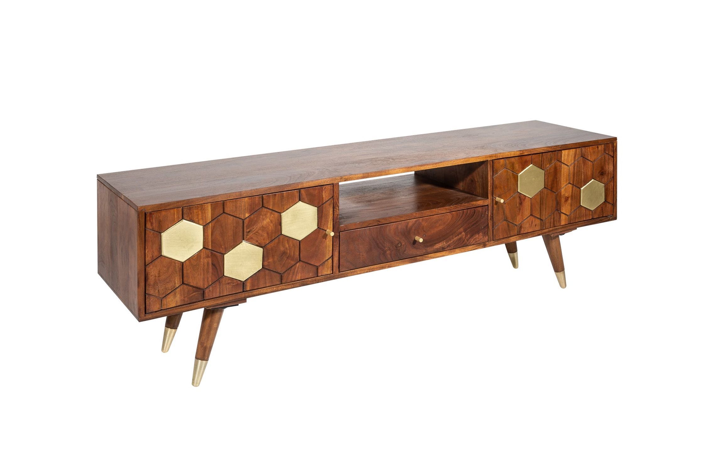 TV Lowboard 140 cm breit Holz Metall Retro Design Natur Gold