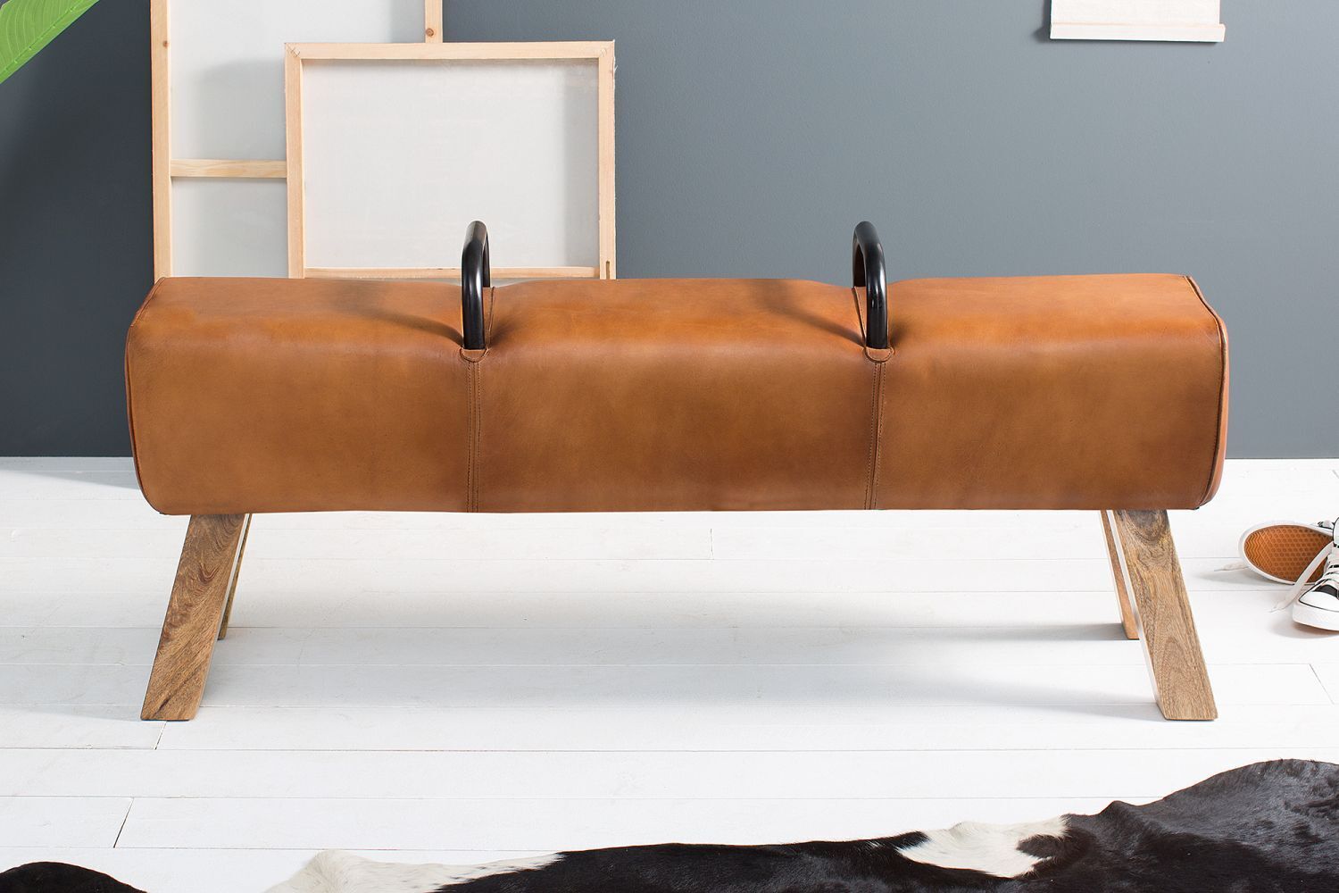 Sitzbank Echtleder Massivholz 120 cm in Braun Natur