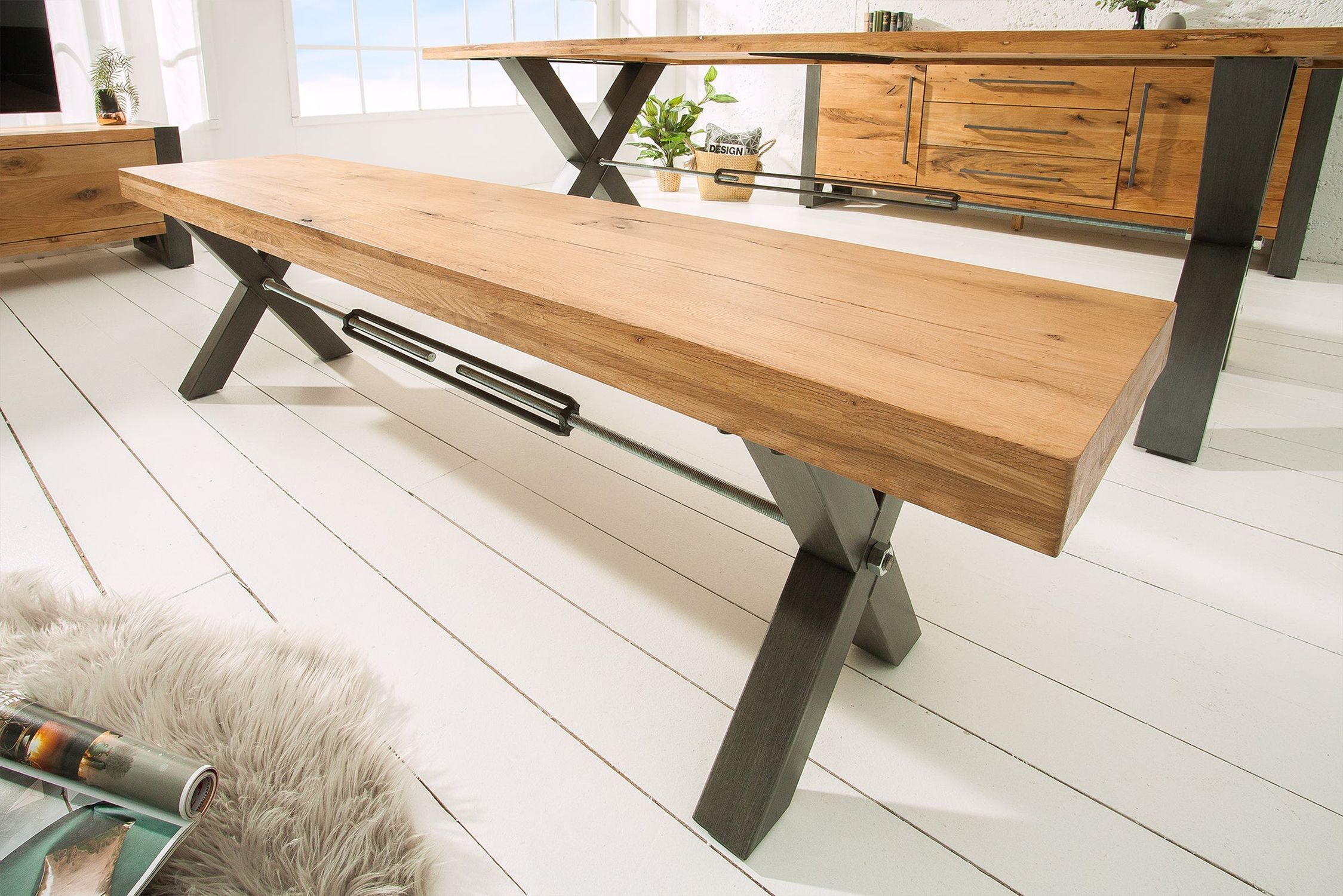 Sitzbank Holz (Wildeiche) Metall 180 x 40 cm