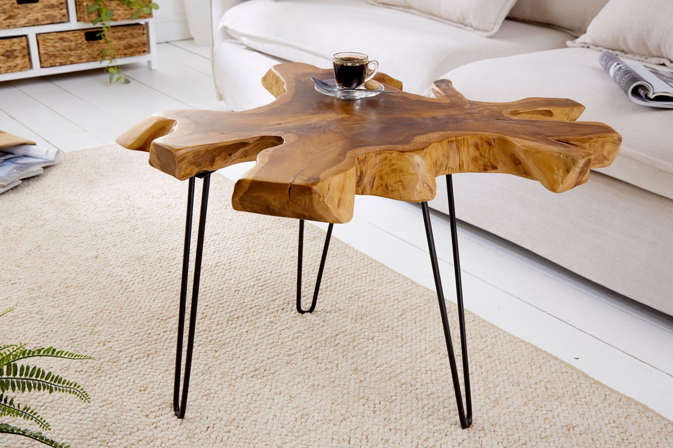 Couchtisch Teakholz Metall Natur Schwarz 60x58 cm Handarbeit