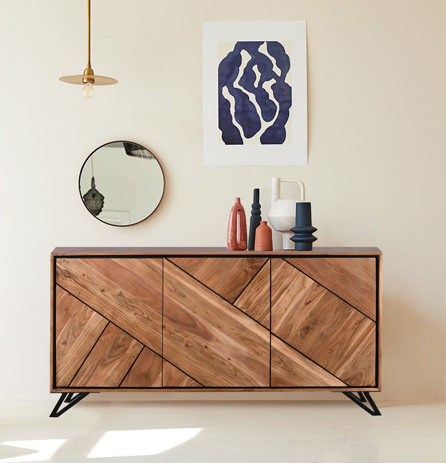 Sideboard 180 cm breit Holz Metall 3 Türen Modern